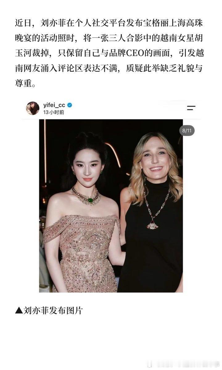 刘亦菲发合照裁掉越南女星引争议，你怎么看呢 ​