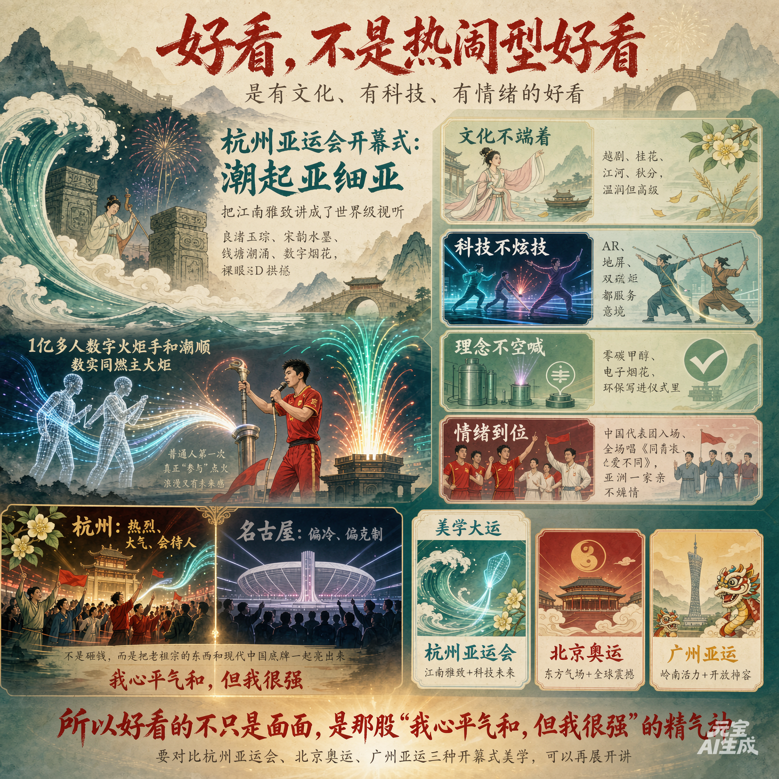 好看，而且不是“热闹型好看”，是有文化、有科技、有情绪的好看。

杭州亚运会开幕式“潮起亚细亚”最打动人的是：它没靠炸裂烟花堆场面，而是用良渚玉琮、宋韵水墨、钱塘潮涌、数字烟花、裸眼3D拱宸桥，把江南雅致讲成了世界级视听。

最绝的是1亿多人当