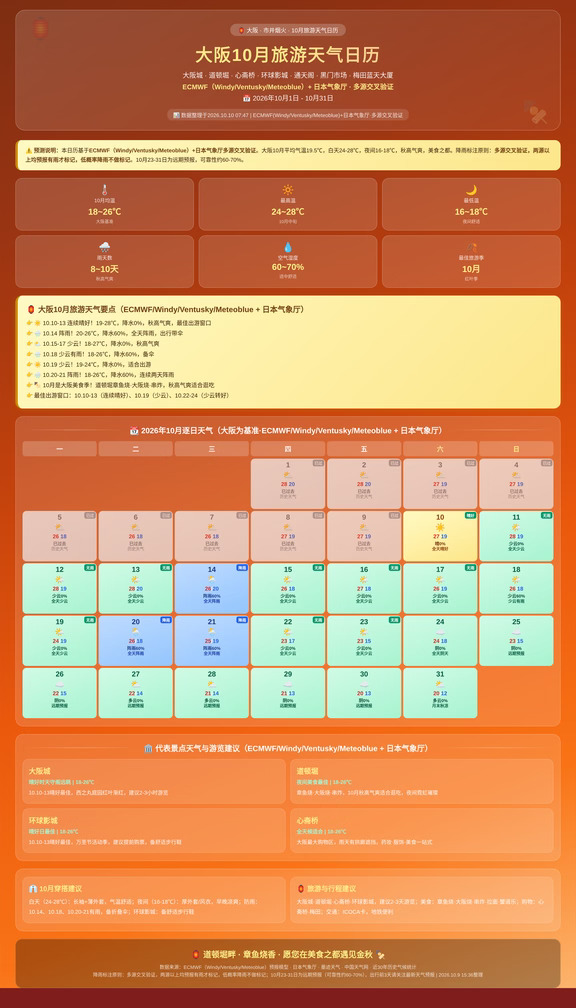 原创，大阪10月旅游天气日历📅