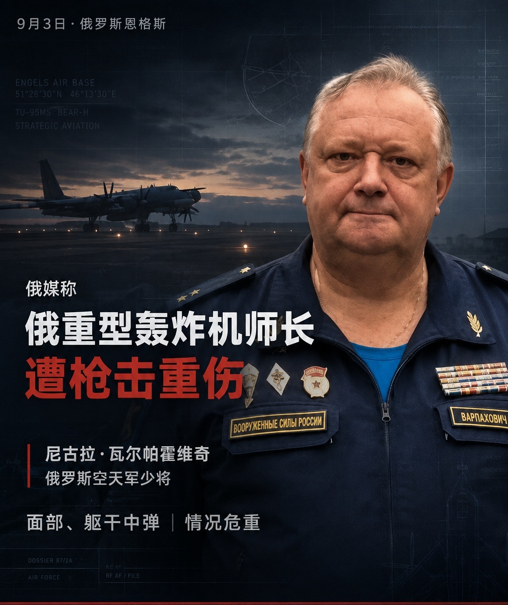 俄空军少将，“军事飞行员狙击手”王牌，遭刺客伏击，头部与腹部中弹：大难不死。

9月3日清晨7点，萨拉托夫州恩格斯-2战略空军基地，第22近卫重型轰炸航空师师长尼古拉·瓦尔帕霍维奇少将刚走出住宅，一辆摩托车突然从侧后方冲了上来。

声枪响过后，两发子弹分别命中他的面部和躯干，随行司机当场负伤 ​