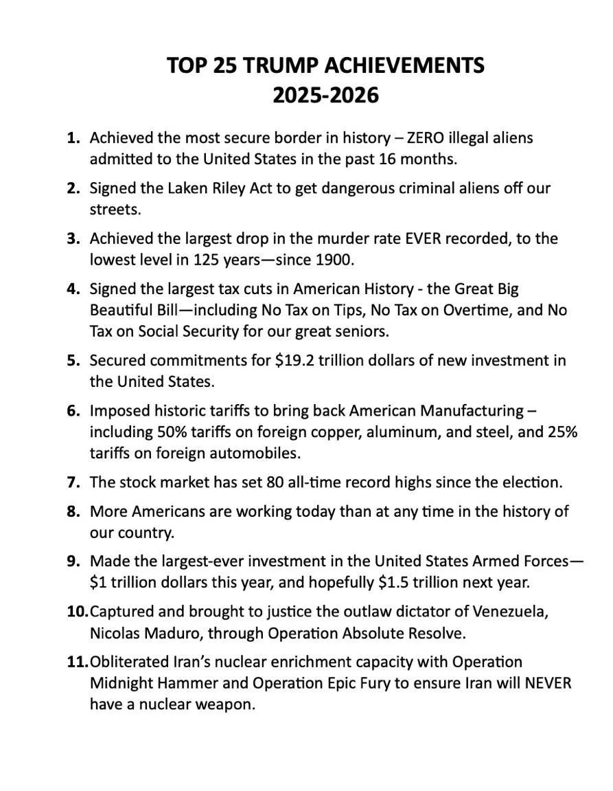 特朗普又给自己发了一份“成绩单”，列出2025-2026年度的25项“重大成就”，继续把自己包装成和平缔造者。他说，执政头12个月通过和平协议结束了八场战争，还提到加沙战争的结束。
经济方面占了不少篇幅。他把对进口铜、铝、钢征收50%关税，对外国汽车征收25%关税算作成就，说这能把工业生产带回美国。 ​