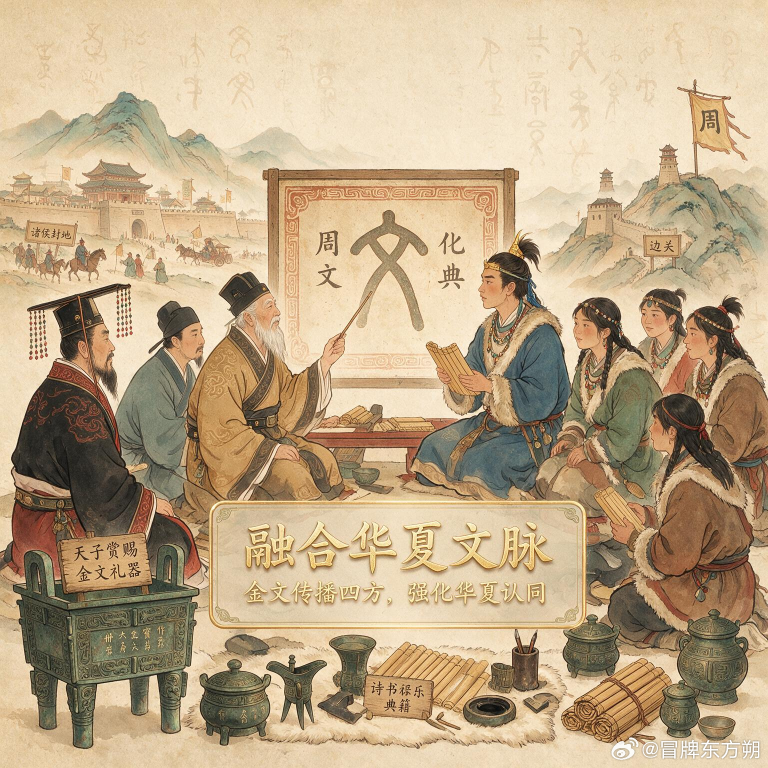 一块青铜上的文字，为何能影响华夏千年文脉？西周康王、穆王时期，青铜手工业空前繁荣。周天子顺势推广金文，将这种刻在青铜器上的文字定为官方文字，取代简陋单一的甲骨文。这场看似普通文字革新，没有战乱纷争，却悄悄引爆六重深远历史连锁反应：①文字体系成熟：金文笔画规整、内容丰富，形成完整文字体系，成为西周核心官方文字。②礼乐制度完善：金文长久留存政令礼法，终结口述传讹弊端，让西周统治更规范稳固。③青铜工艺精进：贵族争相铸器刻铭攀比，倒逼青铜铸造技艺不断迭代升级。④留存千古史料：金文记录大量西周史实，填补上古历史空白，成为活态史料。⑤奠基汉字演变：规范汉字结构与形态，成为由甲骨文到后世文字体系关键过渡。⑥融合华夏文脉：金文传播至四方方国，凝聚文化认同，筑牢华夏文明根基。这件事底层逻辑，是文字统一即文明统一。金文成熟，让华夏文明第一次拥有可长久留存、可规范传播、可全域普及的官方文字体系。它不止是字体升级，更是西周文明制度化、成熟化核心标志。看似细微文字迭代，最终却撑起绵延千年汉字文脉与华夏认同。...