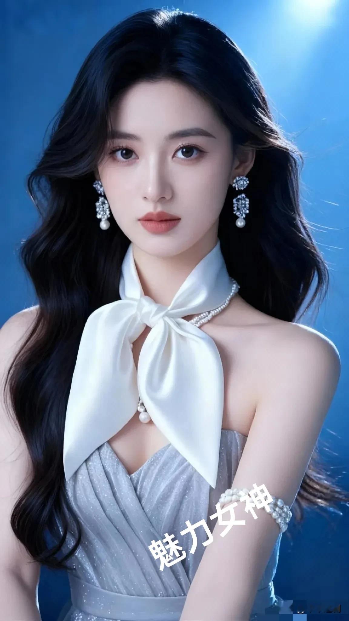 她一袭银裙，搭配缎面蝴蝶结与珍珠饰品，黑长卷发在蓝光下流转。每一处精致...