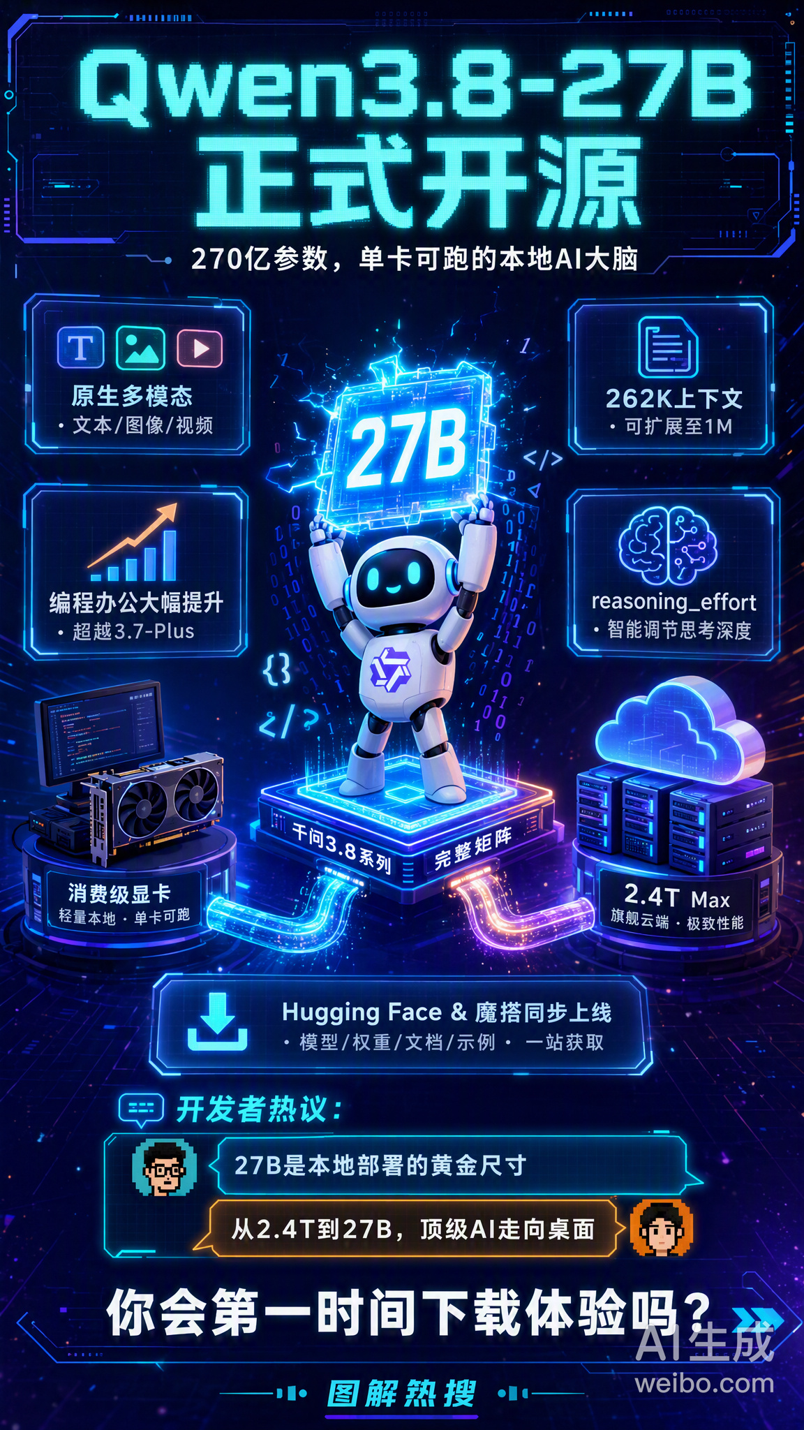 827B发布，阿里千问团队正式开源Qwen3.8-27B，权重已在H...