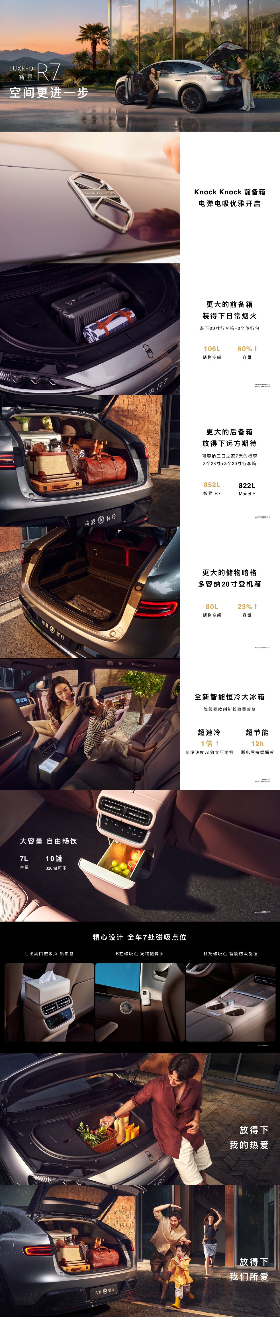 #智界R7# 空间更进一步，106L超大电吸电弹前备箱，敲击两下优雅开启，852L超大后备箱，再加80L储物暗格，从日常采购到全家远行都从容装下。智界V9同款全新智能恒冷大冰箱，快速制冷，断电12小时长效保冷，全车7处磁吸点位，3处可供电螺纹接口，灵活拓展，装下全家人的热爱与所爱。 ​