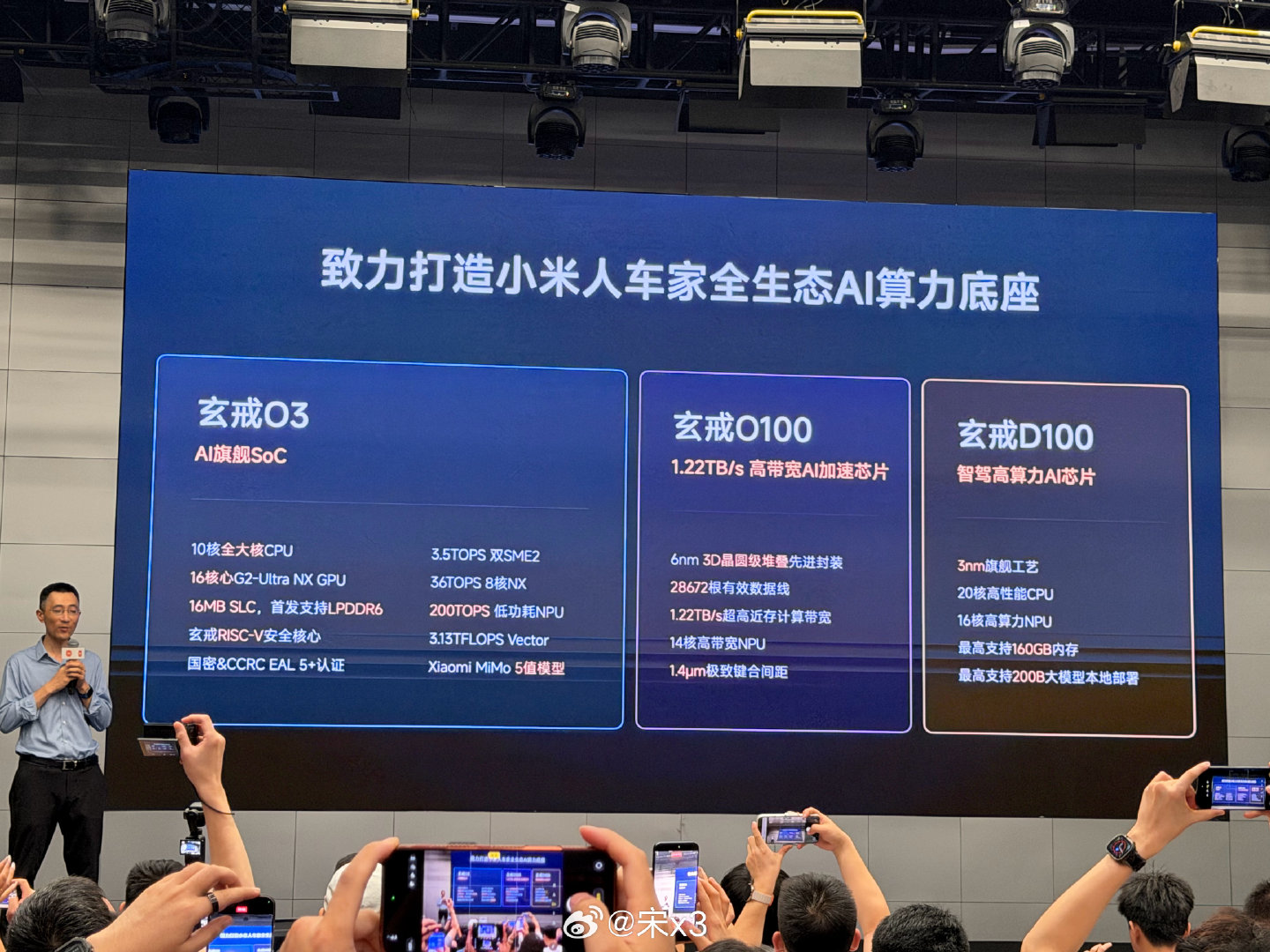 你米芯片大爆发，除了玄戒O3还有别的，一共3款，已经完成了完整，现场还有原型机，另外两款O100和D100会在明年正式商用。 ​