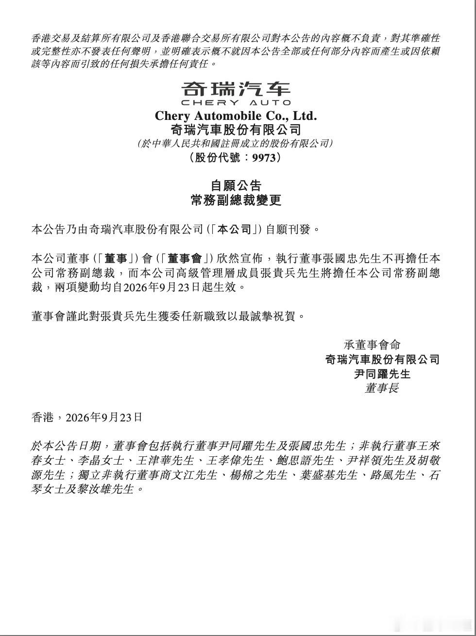 #懂车之道讯# 9月23日，奇瑞控股集团有限公司和奇瑞汽车股份有限公司发布关于公司高管职务调整公告称，张国忠调任奇瑞控股集团有限公司常务副总裁；张贵兵担任奇瑞汽车股份有限公司常务副总裁。 ​