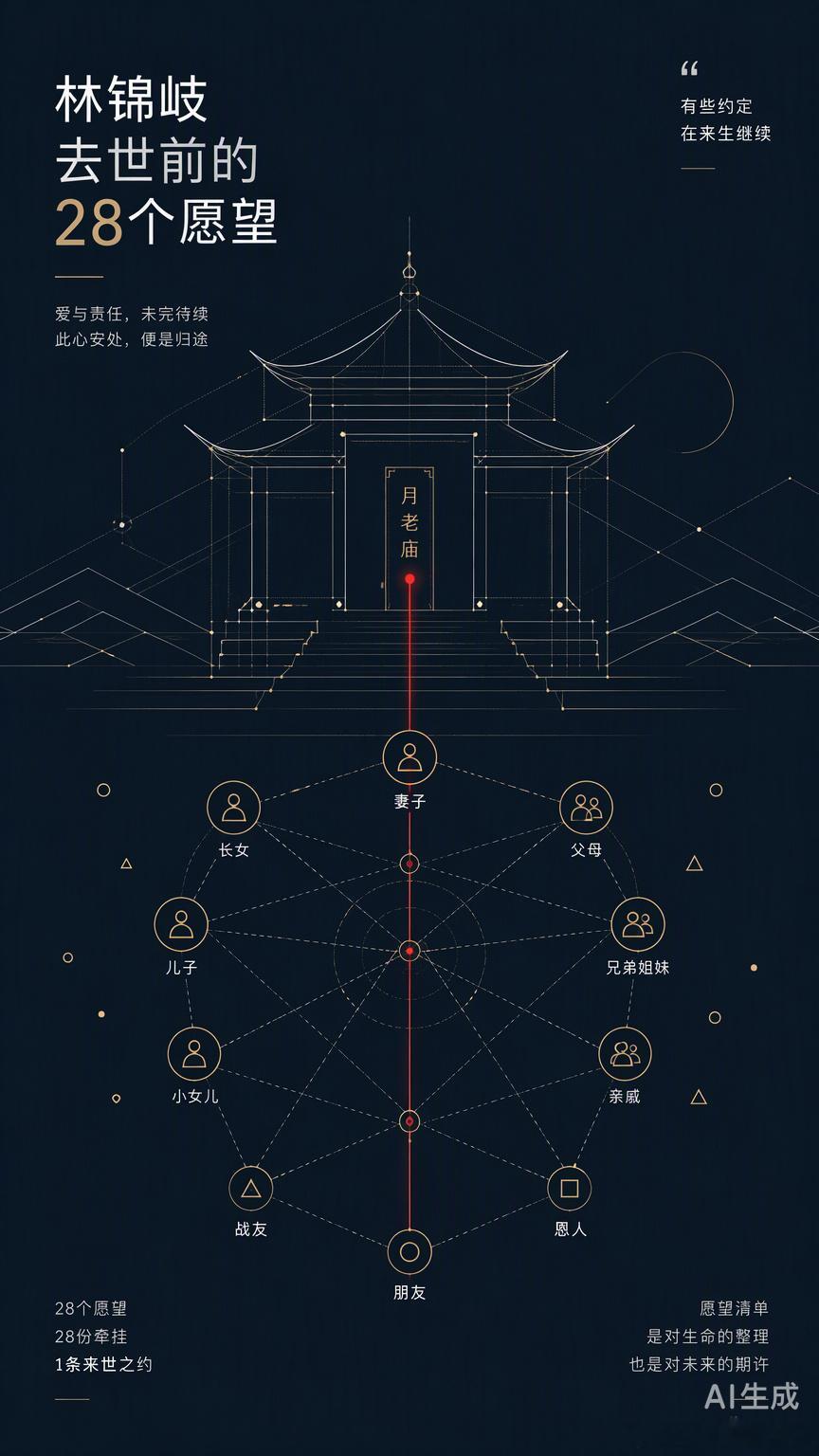 看热搜聊“林锦岐去世前的28个愿望”，心里那股子对生命终局的紧绷感又上来了。

在祈福古寺许下这28个心愿，从妻子儿女的安稳到故人的解脱，再到对自身来世的期许。这种在弥留之际依然不被死亡恐惧带偏、冷静安排身后事的定力，像极了咱们平时旅行中拒绝被攻略推着走的清醒。

咱们总说追求内心的松弛 ​