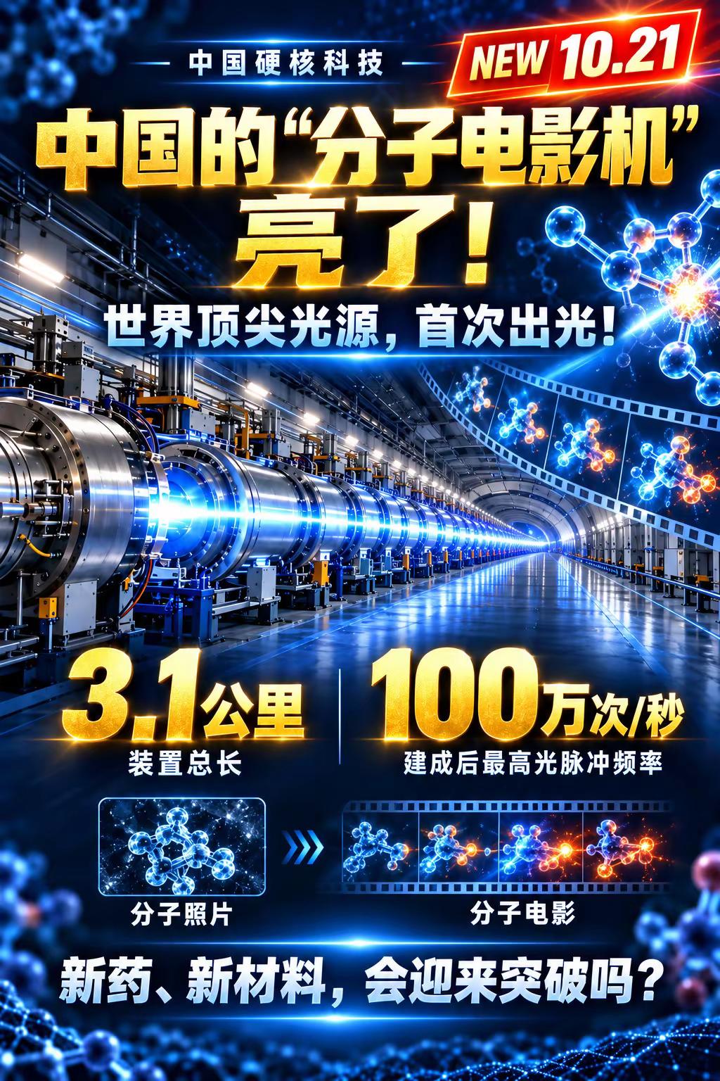 🇨🇳 中国的“分子电影机”亮了！一人一个信息差 🚀 中国又一大国重器迎来重大突破！上海SHINE成功实现首次出光！🔬 从“分子照片”到“分子电影”！ 未来有望捕捉原子、分子的超快运动，揭开微观世界的秘密。⚡ 每秒最高100万次光脉冲！ 预计2027年底建成投用，助力新药、新材料等前沿研究。🇨🇳 中