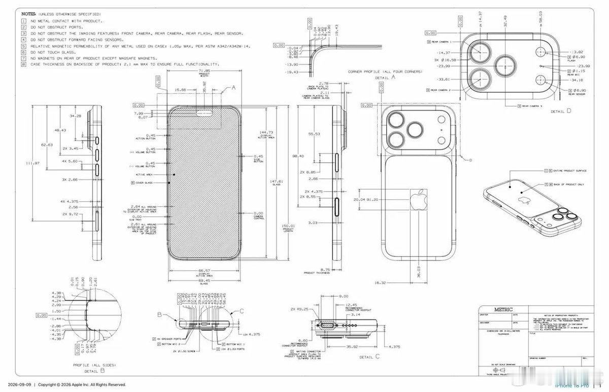 苹果公司发布了 iPhone 18 Pro 和 Pro Max 的官方设计图。根据设计图，这两款手机的尺寸与 iPhone 17 Pro 相比几乎没有变化。不过，摄像头略微加高，镜头也更大。此外，Face ID 红外传感器的布局也进行了重新设计。因此，在选择磨砂或防窥屏保护膜时，务必确保其不会遮挡新的传感器区域
#iphone18# ​