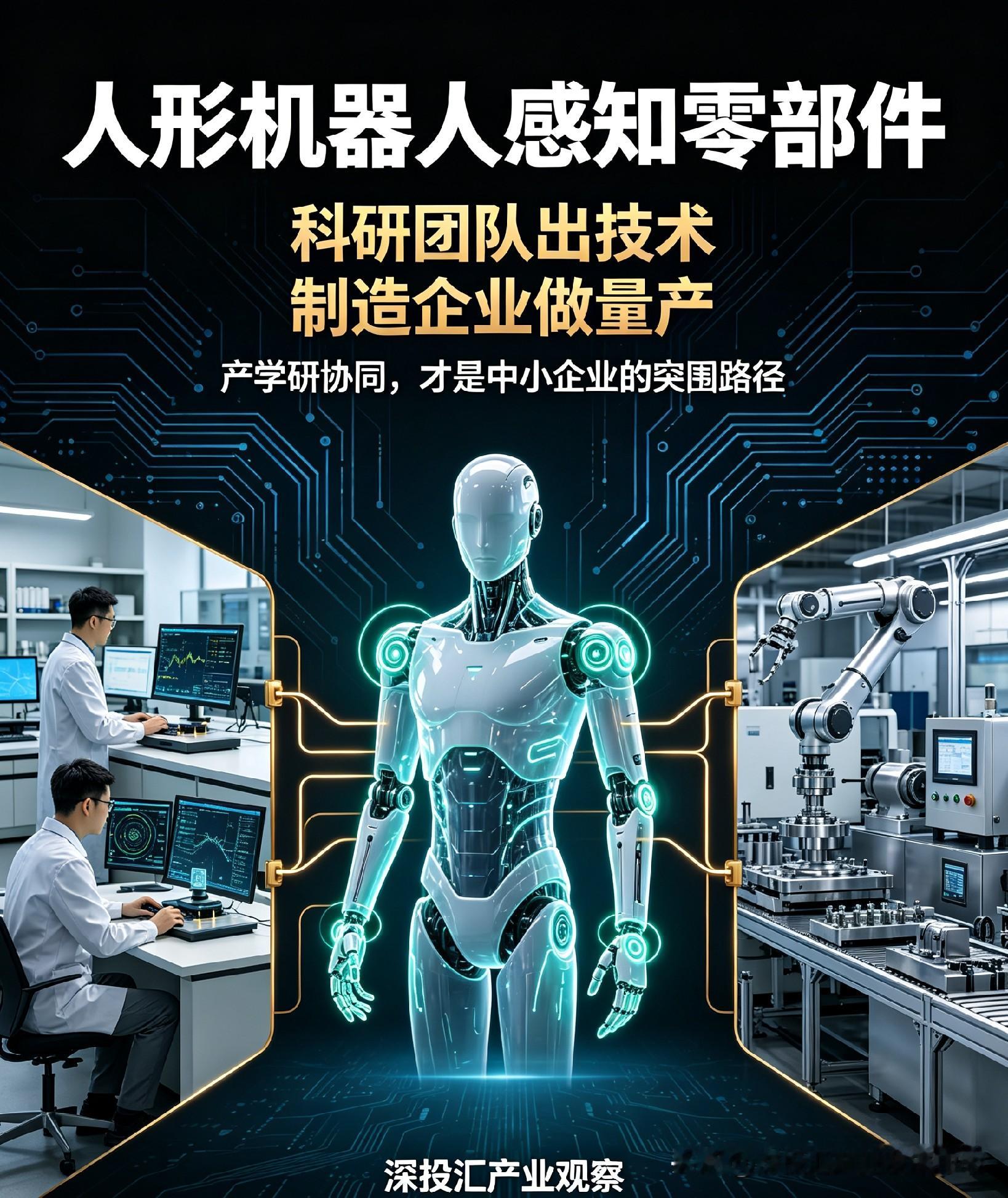 深投汇产业发展观点

人形机器人赛道，减速器、伺服已经巨头云集，真正留给中小企业的机会，藏在感知零部件。
 
很多来自高校、科研院所的小团队，实验室样机指标很漂亮，卡在工程化、批量制造，缺产业落地的土壤；
不少传统制造中小企业手握现金流、精密加工与供应链，却缺少底层传感技术。
 
科研团队出技术，制