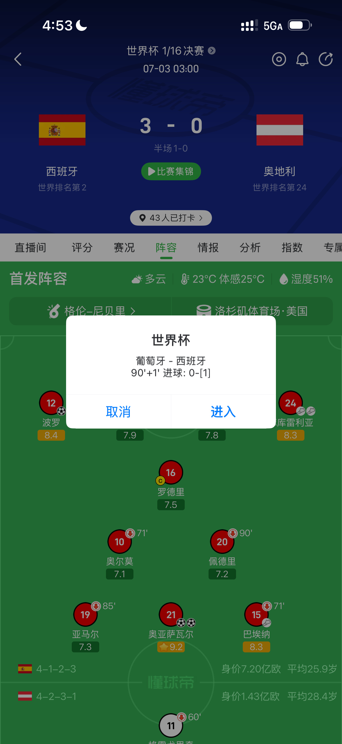 就在我在看换人后和上一场3:0奥地利对比的时候跳出了进球的消息，心里的...