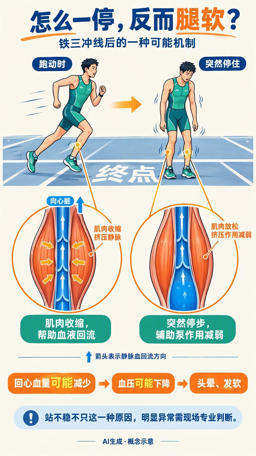 游骑跑都扛住了，怎么一停下来反而站不稳？

#铁人三项冲线后为什么会站不稳#
游泳、自行车、跑步一路扛下来，偏偏过了终点才腿软——身体这是看到打卡成功，立刻下班了？

还真有点像，但不是简单的“没劲了”。铁人三项个人赛连续完成三项，跑步又在最后。奔跑时，小腿肌肉不断收缩、放松，不只负责 ​