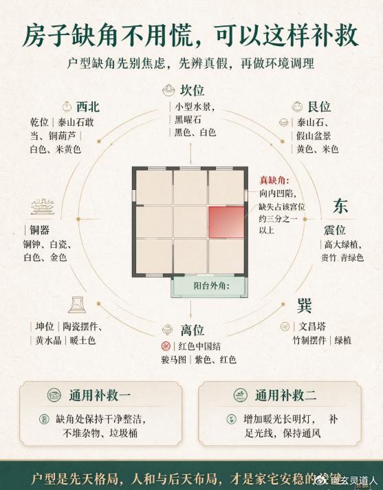 🏠房子缺角不用慌，可以这样补救阳宅喜方正，户型缺角，气场容易散而不聚。但不必过度焦虑，很多商品房都会存在缺角，不用急于换房，用简单方法就能调理补齐。先分清真假缺角：阳台外凸不算缺角。把户型均分九宫格，向内凹陷，缺失占该宫位三分之一以上，才算真缺角。✅基础调理（所有缺角通用）缺角位置保持干净整洁，切勿堆放杂物、垃圾桶。加装暖光长明灯，补足光线，提升阳气；保持通风，气场流通。✅八方简易补缺▫️西北乾位（男主事业根基）：摆放泰山石敢当、铜葫芦，白色、米黄色软装。▫️西南坤位（女主人、家宅安稳）：陶瓷摆件、黄水晶，多用土系暖色。▫️正东震位（事业、长子）：高大绿植，富贵竹、龟背竹，青绿色调。▫️东南巽位（姻缘、文昌）：文昌塔、竹制摆件，绿植催旺。▫️正南离位（名望、中女）：红色中国结、骏马图，紫水晶。▫️正北坎位（财运、子嗣）：小型水景、黑曜石，黑色、白色系。▫️东北艮位（人丁、孩子学业）：泰山石、黄水晶、假山盆景。▫️正西兑位（口舌、少女）：铜器、铜钟、六帝钱，白瓷摆件。风水为环境磁场...