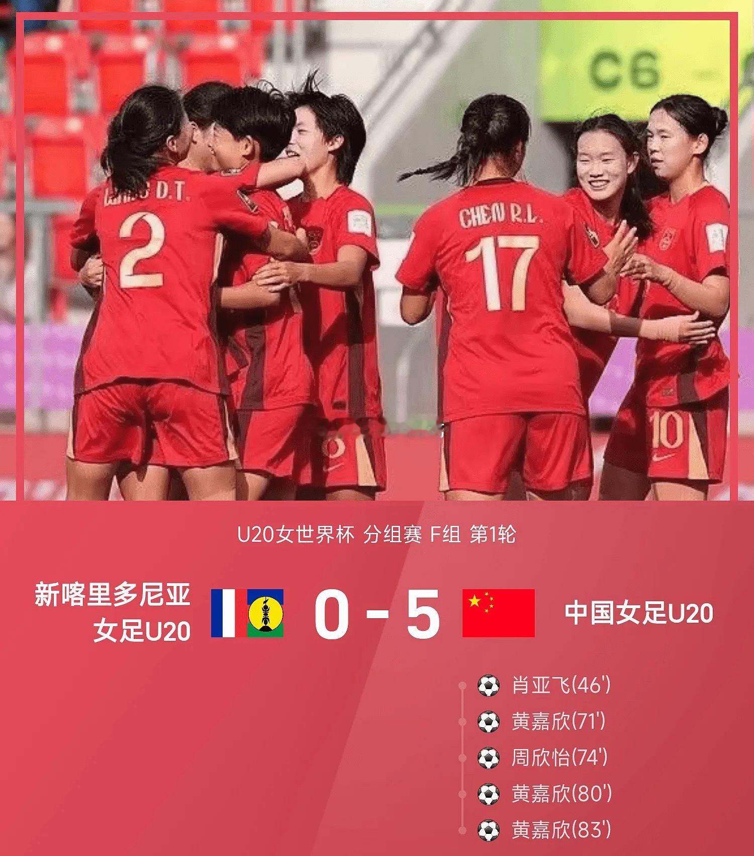 U20女世界杯战报：黄嘉欣戴帽，中国女足5-0新喀里多尼亚

09月07日 2026年U20女世界杯分组赛F组第1轮，U20中国女足对阵U20新喀里多尼亚女足。上半场，U20中国女足多次错失良机。下半场刚开场，肖亚飞闪击破门打破僵局，黄嘉欣上演帽子戏法，周欣怡扩大领先，陈睿琳上演助攻帽子戏法并射中立柱。U20中国 ​