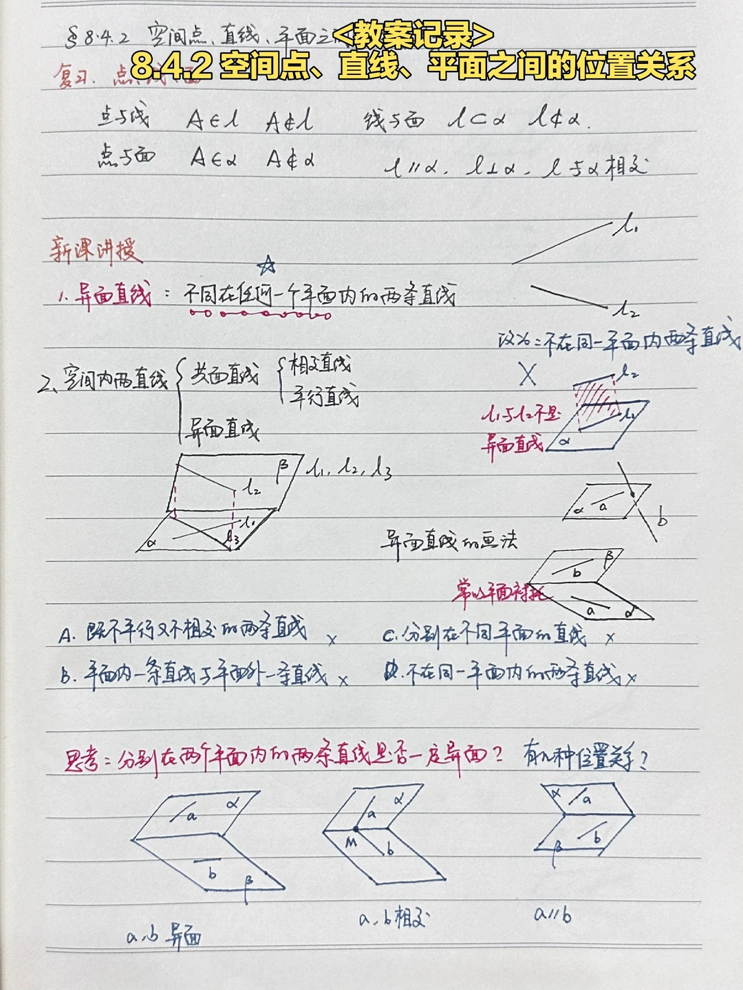 8.4.2 空间点、直线、平面之间的位置关系