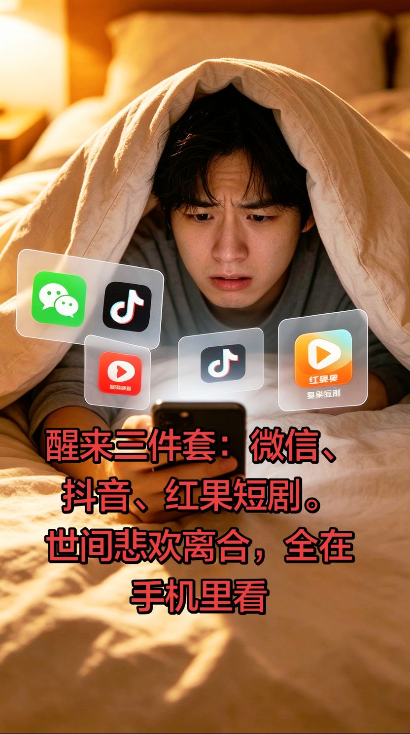 醒来三件套：微信、抖音、红果短剧。世间悲
