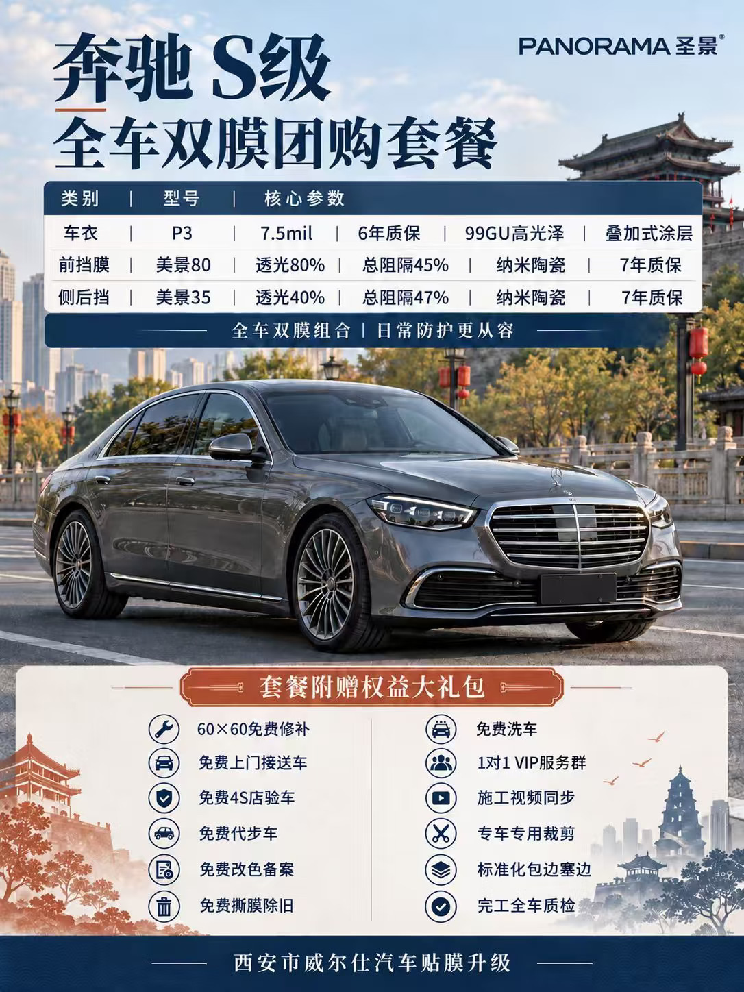 奔驰S级｜全车双膜团购套餐来啦