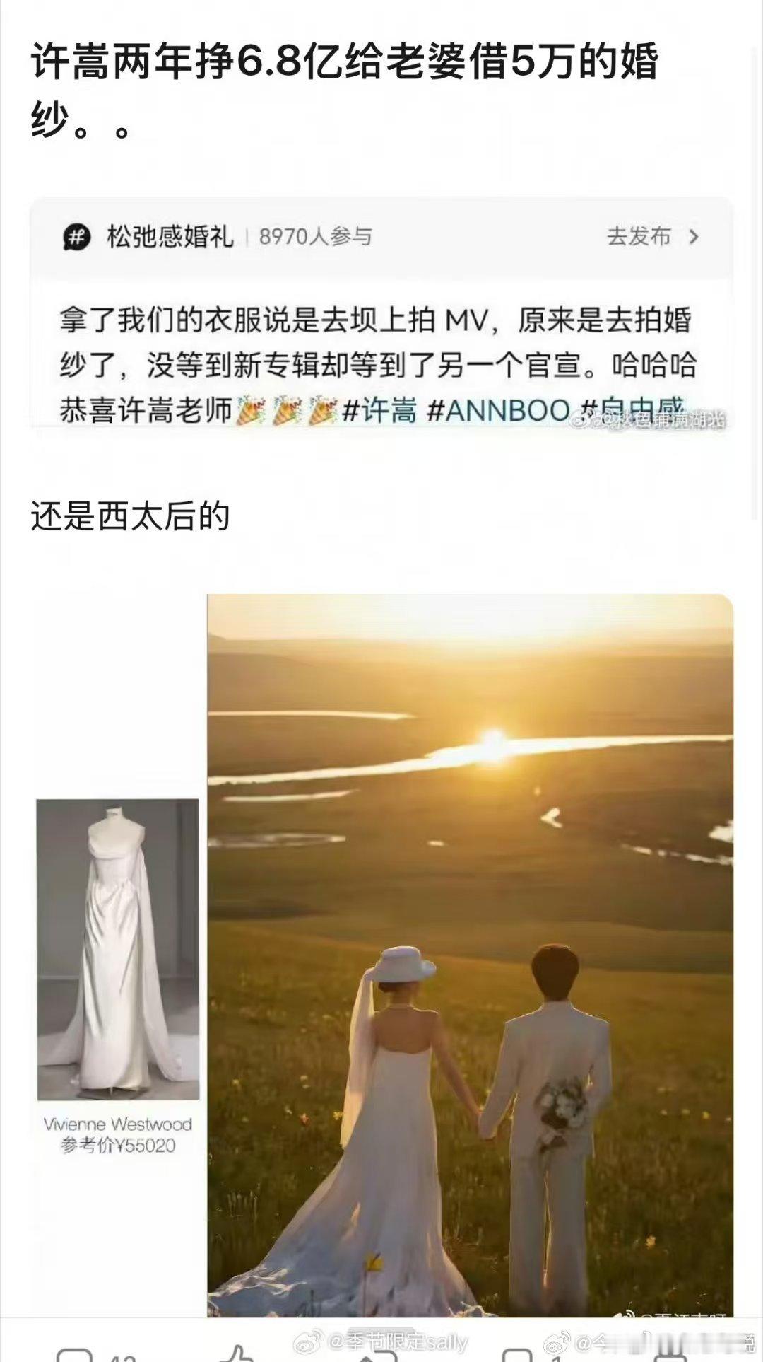 “许嵩两年挣6.8亿给老婆借5万的婚纱。。” ​