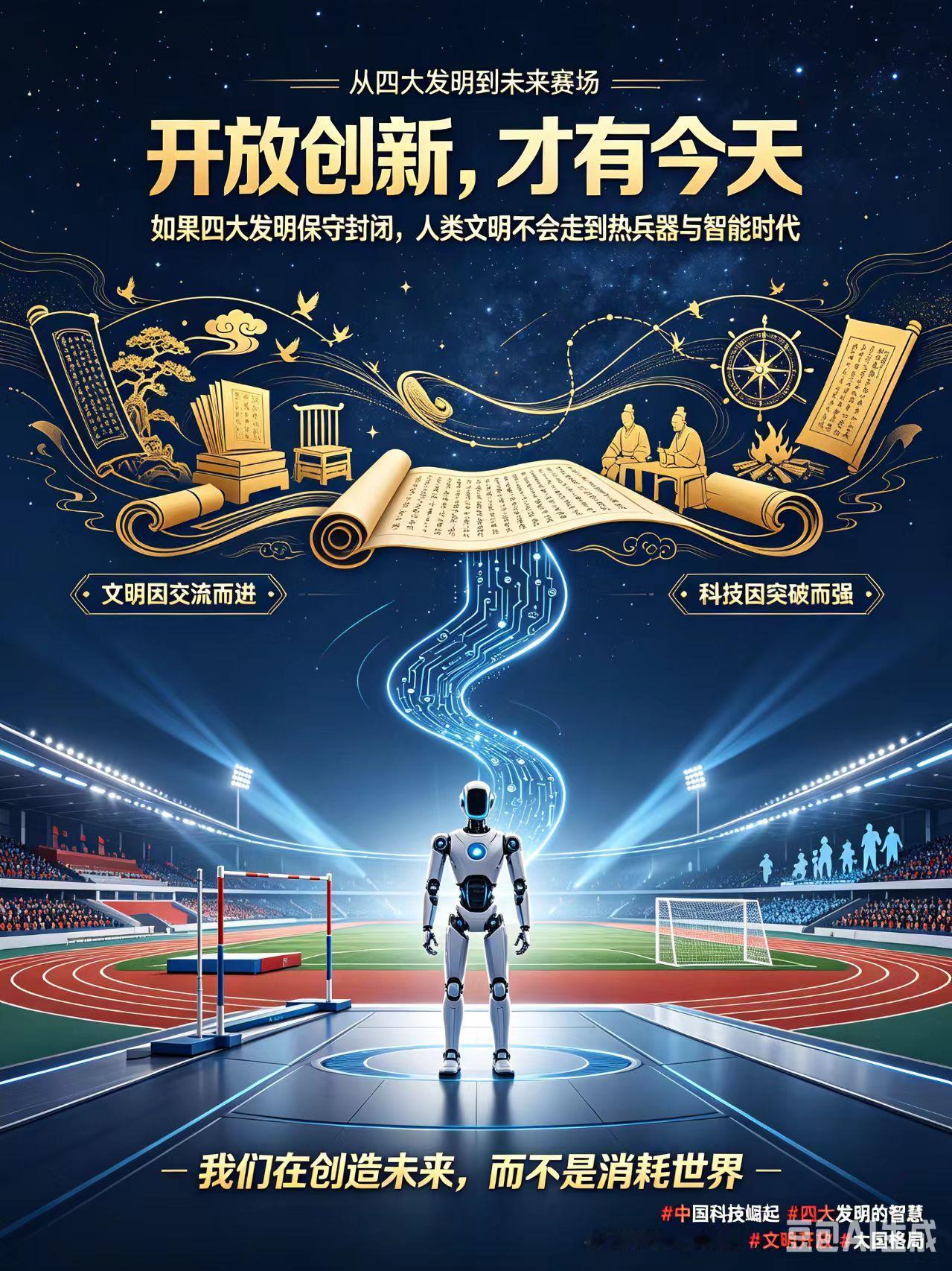 从四大发明到人形机器人：开放创新，才是一个民族最强的底气
 
今天看着国人形机器人运动会震撼全场，内心无比骄傲，瞬间看懂了古今千年最深刻的大国逻辑：文明因开放而兴，因封闭而亡；科技因迭代而强，因守旧而衰。
 
很多人不懂历史纵深，总误以为中国传统保守、固步自封。可扪心自问：如果我们的四大发明当初选择