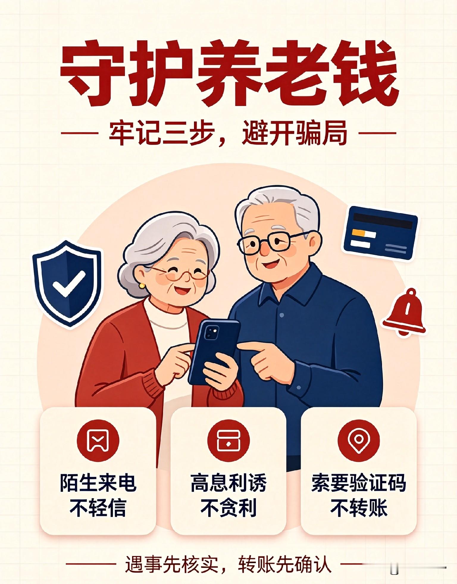 守护养老钱，谨记三个原则

中老年朋友平日里刷短视频、接电话，时时刻刻都要绷紧防范诈骗这根心弦。骗子的花招层出不穷，专门盯着养老积蓄下手，稍不留神就会落入精心布置的陷阱当中。
 
今天就跟大伙分享三条防身准则，牢牢记在心里面，便能够躲开绝大多数骗局，守护好辛苦积攒多年的养老积蓄。首要原则便是不轻信各