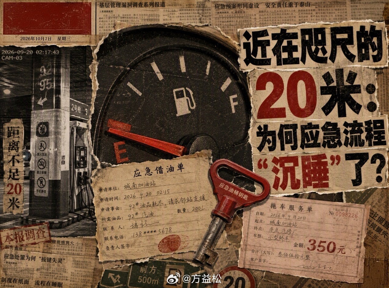 #汽车燃油耗尽求助被拒#
距加油站20多米却因燃油耗尽被困，最后只能花350元叫拖车，这种“近在咫尺”的无力感，恰恰戳中了当下公共服务体系中最尴尬的痛点。

贵州黄先生的遭遇并非个例。在很多人的刻板印象里，加油站不卖散装油是死规矩，但鲜有人知的是，为了应对高速抛锚等极端情况，很多服务区其实 ​