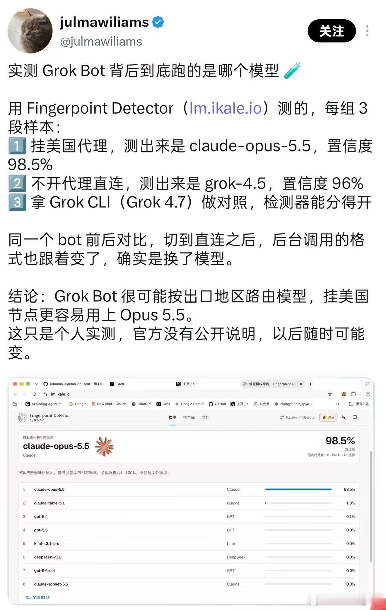 #人工智能[超话]#
模型之间的能力差，现在还是很大。同一件事换个模型，结论深浅、靠不靠谱，能差出一截。

有人用指纹工具测 Grok Bot：走美国节点结果像 Opus，直连又像 Grok——看起来是按出口 IP 路由不同模型。这是个人测试，不是官方说明，随时可能变。

所以别太迷信「背后是谁」。有用的还是那 ​