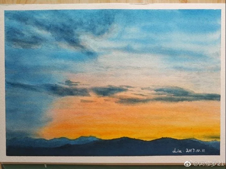水彩。2017年10月11日北京的晚霞。