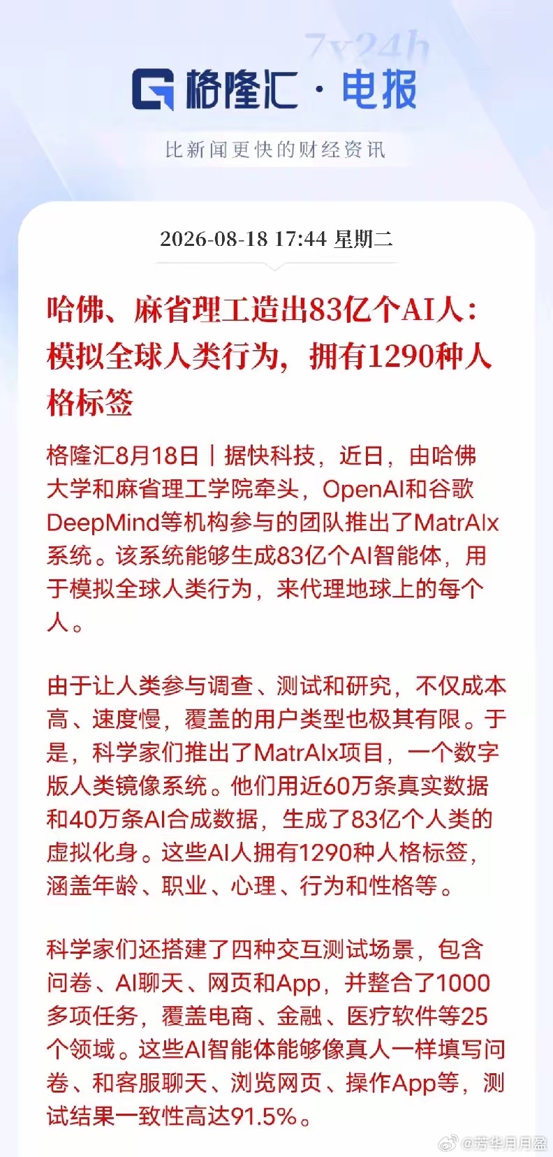 造出83亿AI虚拟人，当AI可以模拟人类，普通人未来该干什么
 
哈佛、麻省理工牵头，联合OpenAI、谷歌DeepMind推出MatrAIx系统，直接生成83亿AI智能体，对标全球人口做行为模拟。海量AI虚拟人拥有1290种人格标签，能填问卷、聊客服、操作软件，25个行业上千项任务，模拟和真人匹配度高达91.5%。
 
以前市 ​