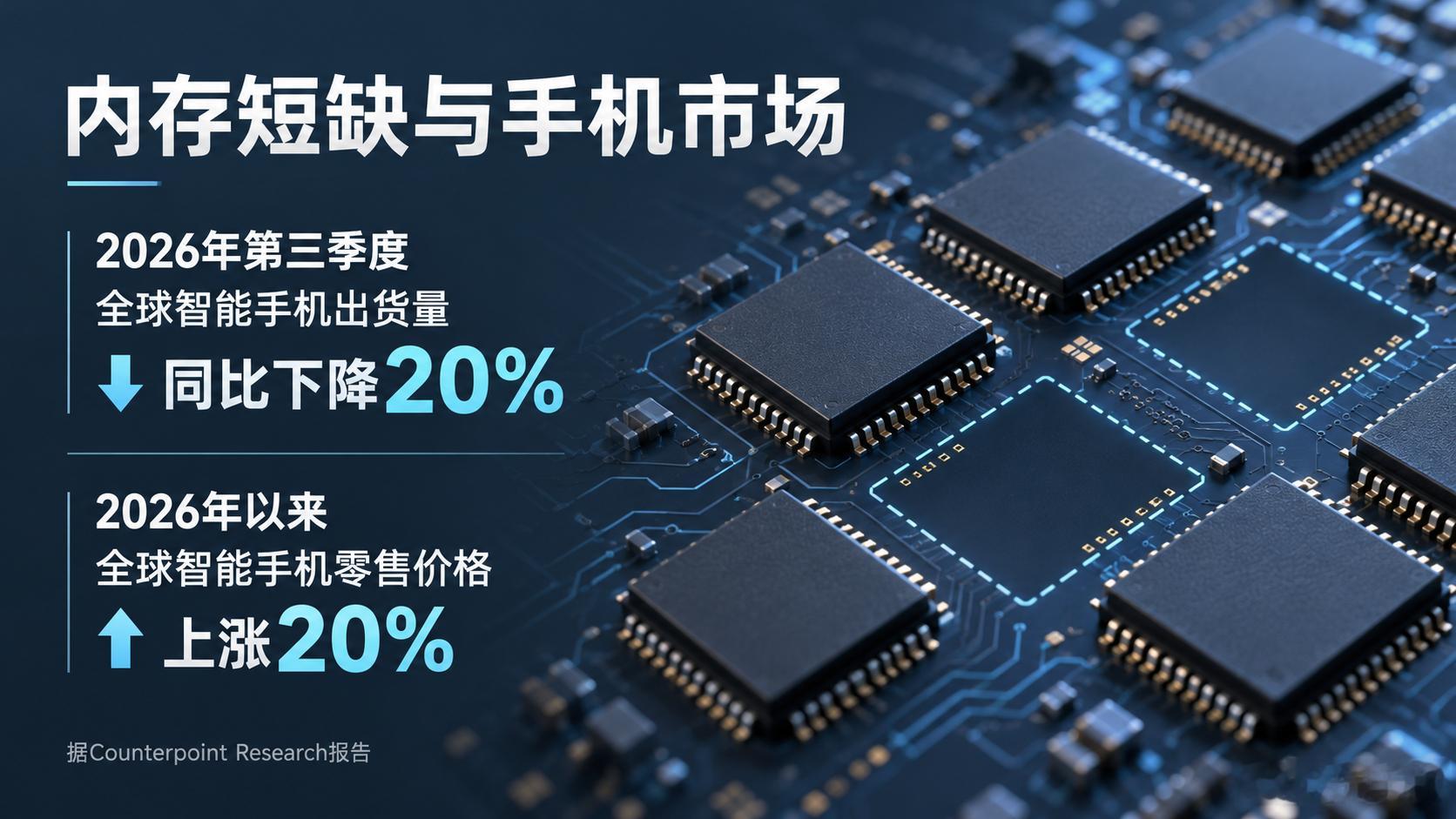 【数码快讯】Counterpoint Research报告称，受内存短缺及存储芯片涨价影响，2026年第三季度全球智能手机出货量同比下降20%，为2012年以来第三季度最低水平。今年以来，全球智能手机零售价格上涨20%。

三星、苹果市场份额分别为23%、22%；小米出货量同比下降超过30%，OPPO与vivo均下降超过20%。 ​
