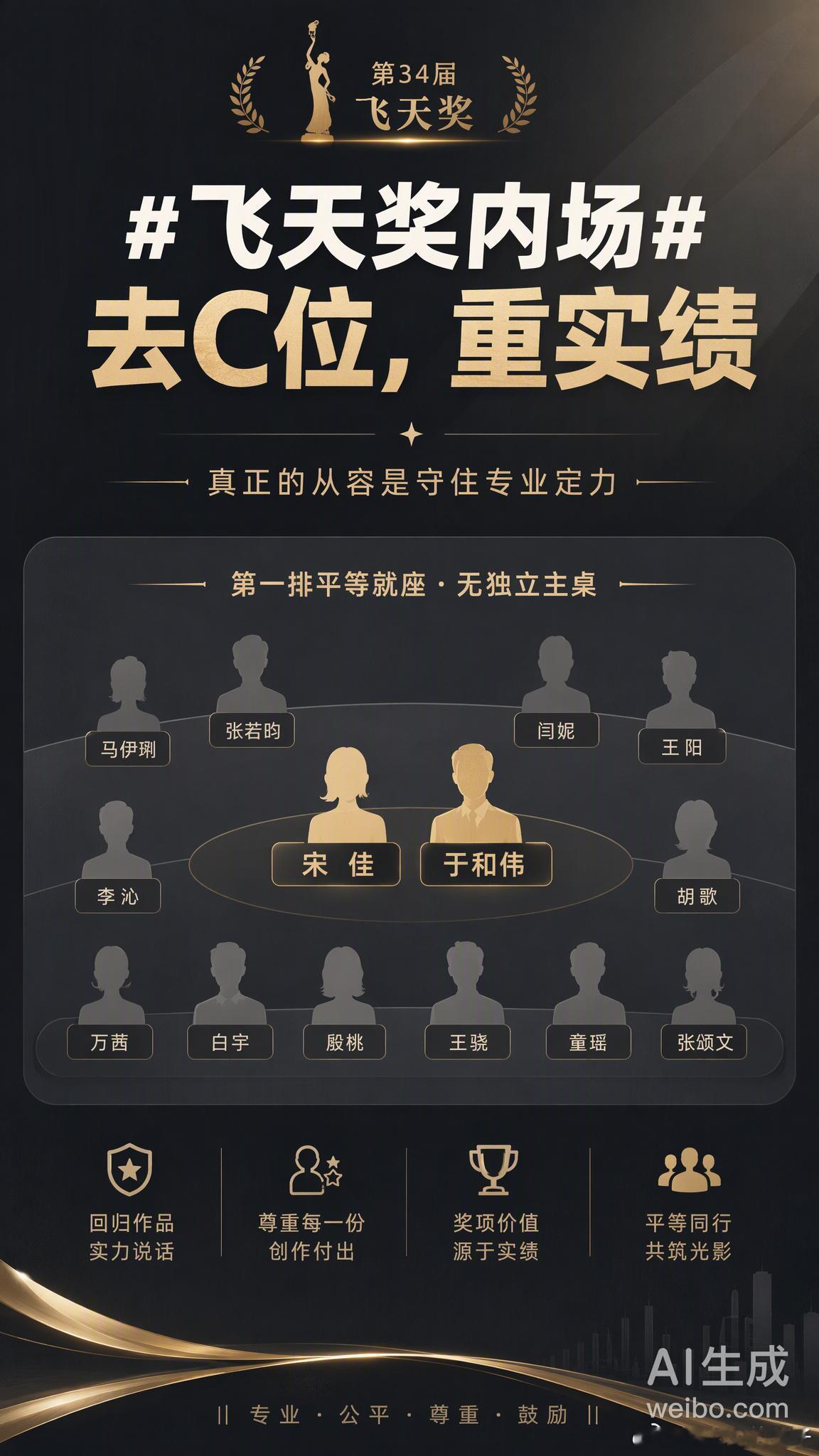 看热搜聊“飞天奖内场座位图”，心里那股子对C位执念的紧绷感又上来了。

往年颁奖礼总爱搞个独立主桌，把流量和资历摆得明明白白。这次烟台现场直接取消了传统C位设计，第一排按作品实绩排布。宋佳和于和伟共坐中段核心区，不是因为咖位最大，而是因为他们离电视剧三大奖大满贯都只差这一座飞天奖杯。 ​
