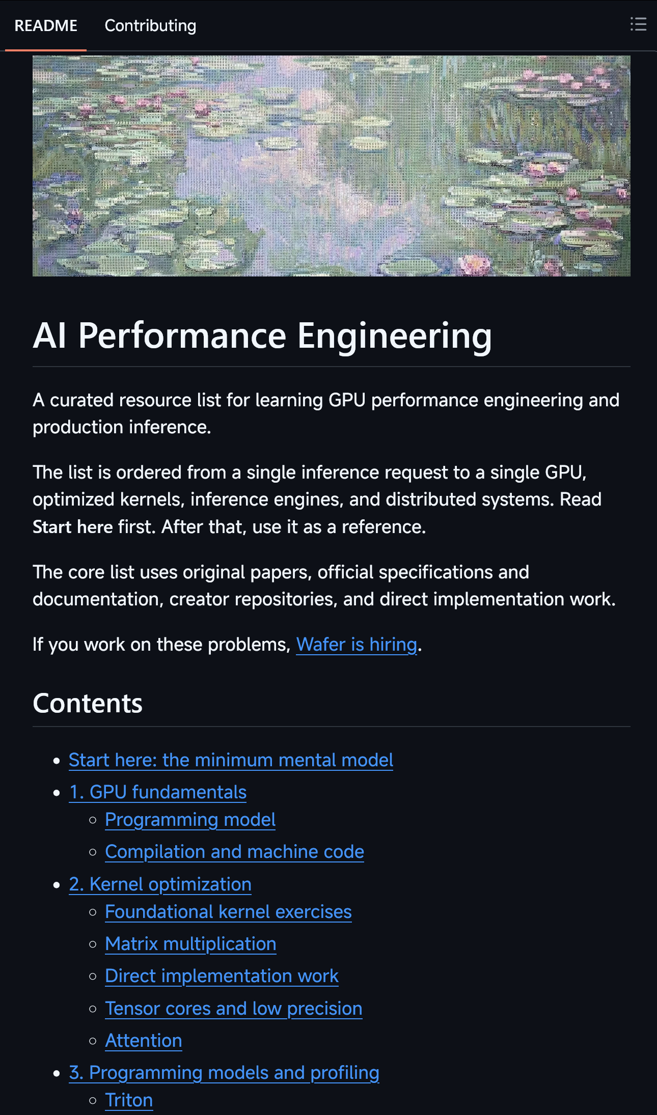 wafer团队整理的一份用于学习 GPU 性能工程和生产级推理的精选资源清单
地址：github.com/wafer-ai/gpu-perf-engineering-resources

大模型推理的性能问题不只取决于模型本身，还涉及 GPU 的线程与内存结构、CUDA 内核、低精度计算、推理引擎调度、KV Cache，以及多 GPU 通信等多个层次。性能工程的目 ​