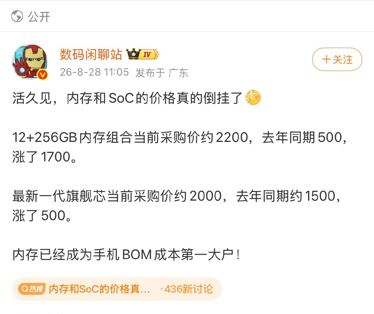 看闲聊站爆料，今年12+256G内存采购价到2200，12+512到了2900。对比去年，内存平均涨约1600，旗舰芯片也涨六七百。小米玄戒O3单颗成本最少2100元以上，叠加其他零部件涨价，小米18Fold成本上涨超3000，我估计售价12999起#内存和SoC的价格真的倒挂了# ​