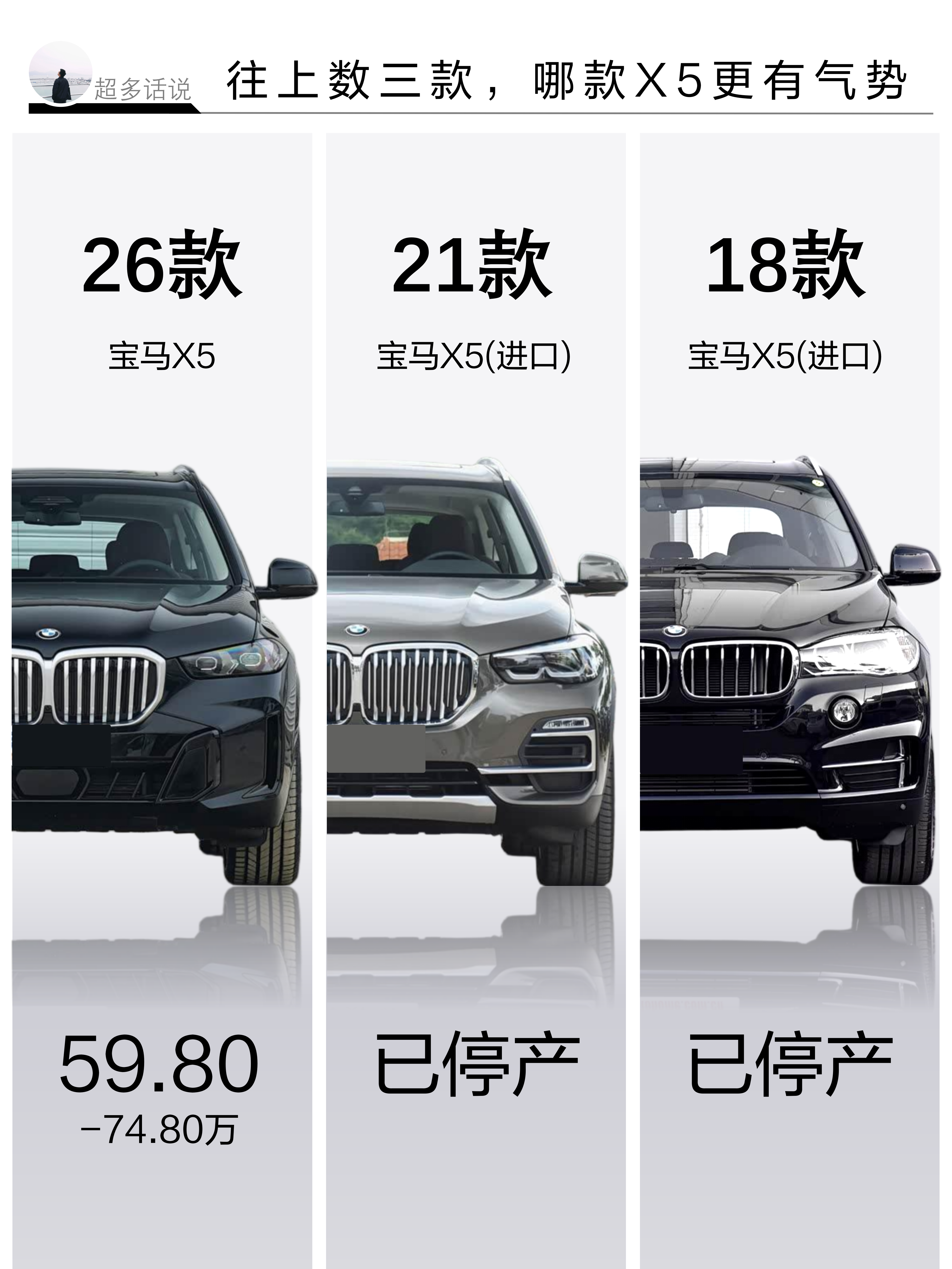 往上数三款，哪款X5更有气势
宝马X5虽然国产了，但是对比起现在动不动就五米一五米二的国产车其实不算大

在克制的尺寸内，X5车身设计确实是兼顾了修长与霸气

18款我觉得是最霸气的，恰到好处的鼻孔，配合大千灯，整个前脸很有神
现款的前脸反而有点像X3

你觉得哪款X5最霸气？