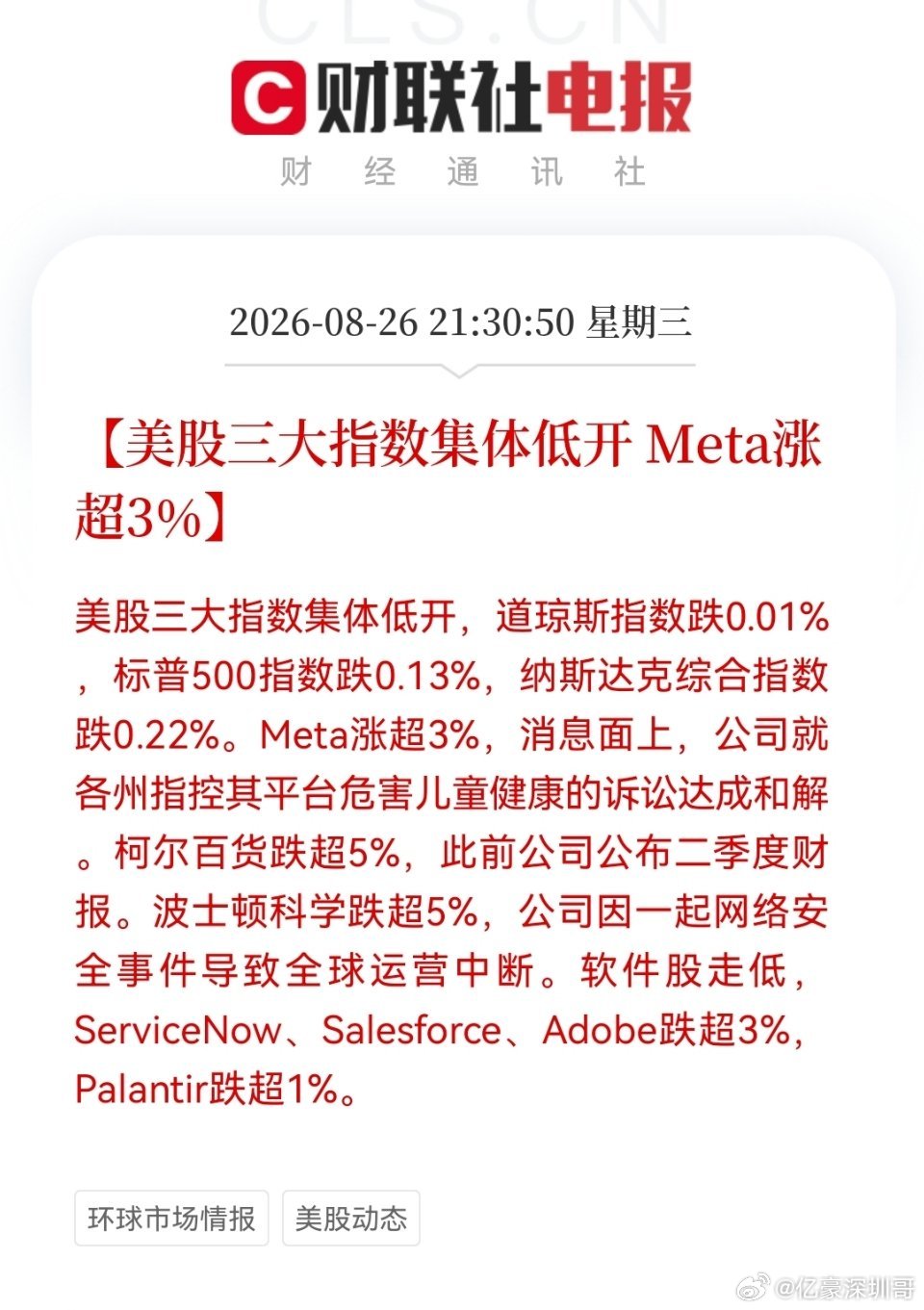 夜盘美股三大指数集体低开， Meta涨超3%。 ​