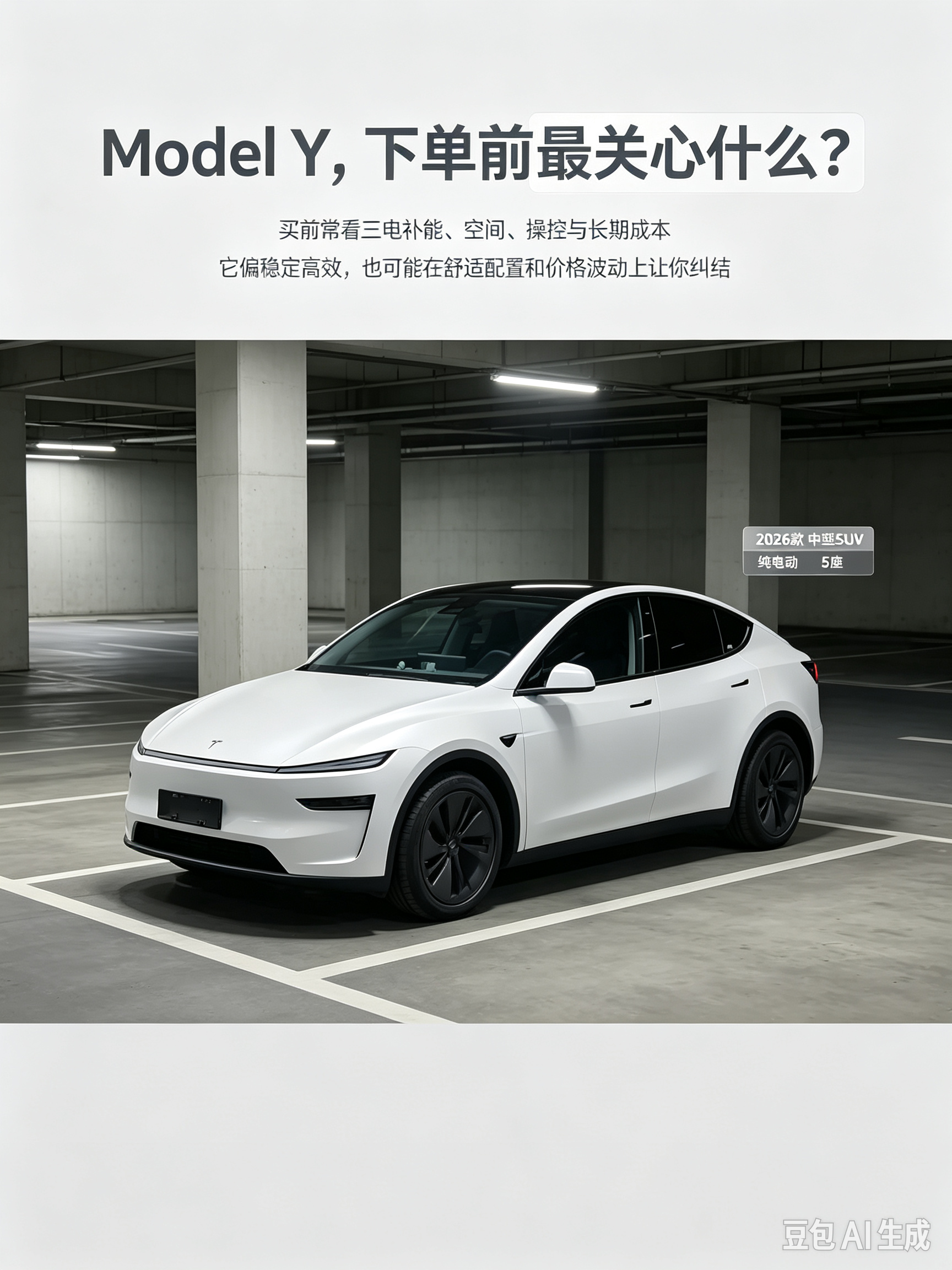 2026款特斯拉Model Y，中型5座纯电SUV，提供后置后驱与双电机四驱版本。造型简约流畅，空间利用率高，能耗表现不错。拥有成熟的三电系统与超充网络，驾控干脆利落。内饰风格极简，功能偏向实用，适合看重补能便利、注重长期使用成本的家庭用户。【来自懂车帝车友圈】