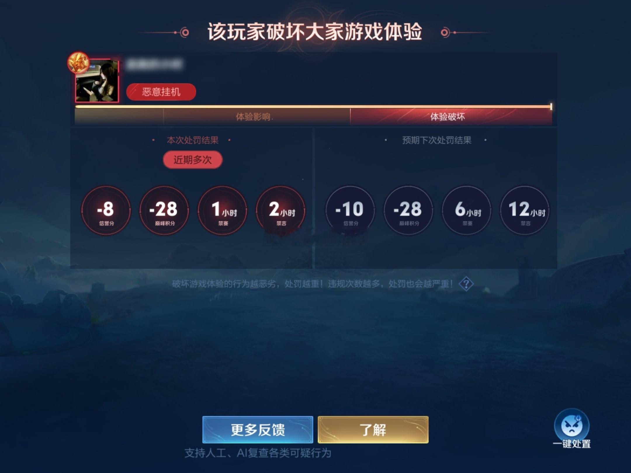 巅峰赛遇到队友挂机 处罚：8信誉分+28巅峰积分+禁言禁赛 大家觉得这...