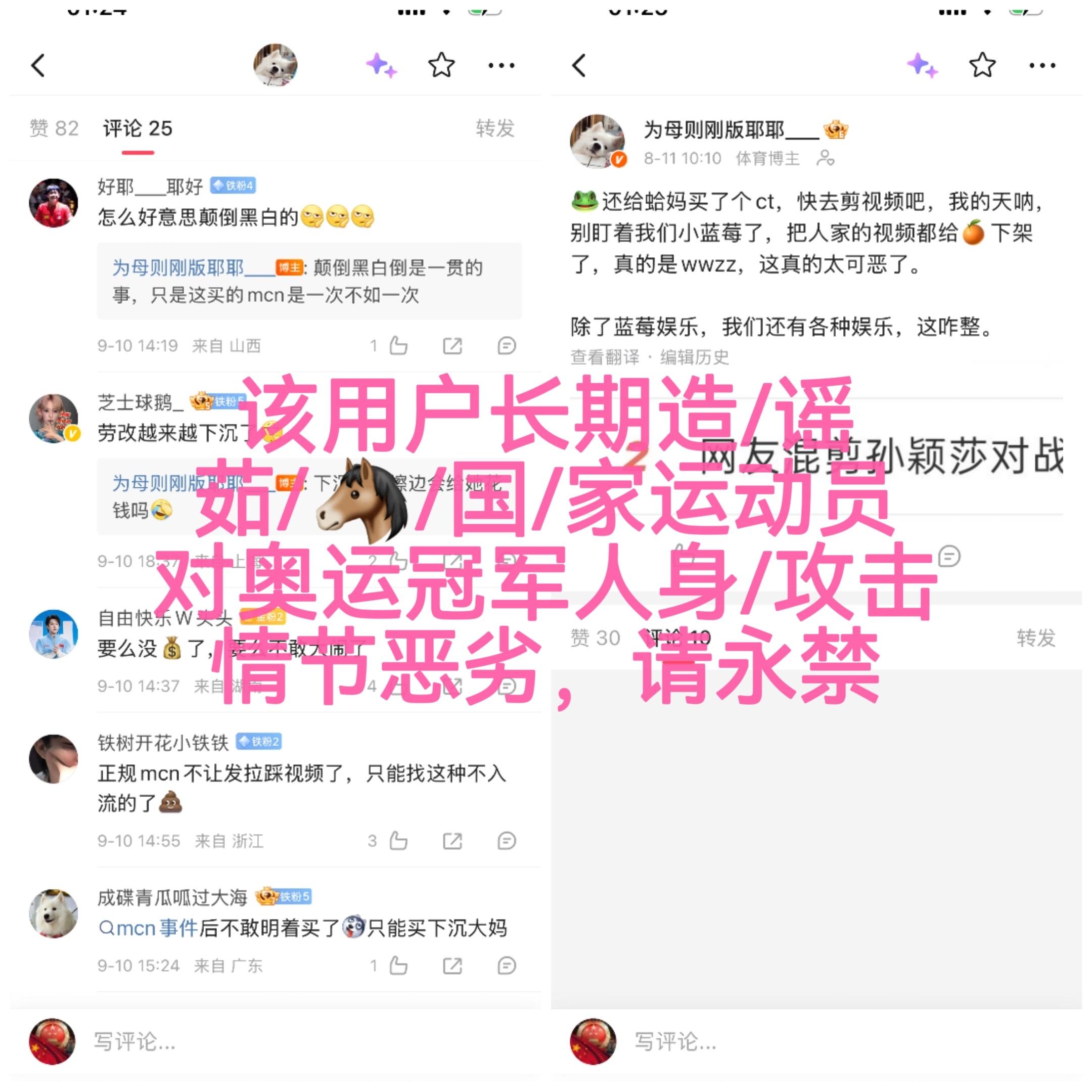 @紫光阁 @人民日报 @央视新闻 @围脖侠 @微博管理员 @caozenghui  @乒乓世界TTW  @全国网络举报@上海网警 @广东网警
uid：2933652003
uid：5590985874
uid：4029100421
以上用户长期造💊国家队运动员、 全国青联委员会常委孙颖莎， ​