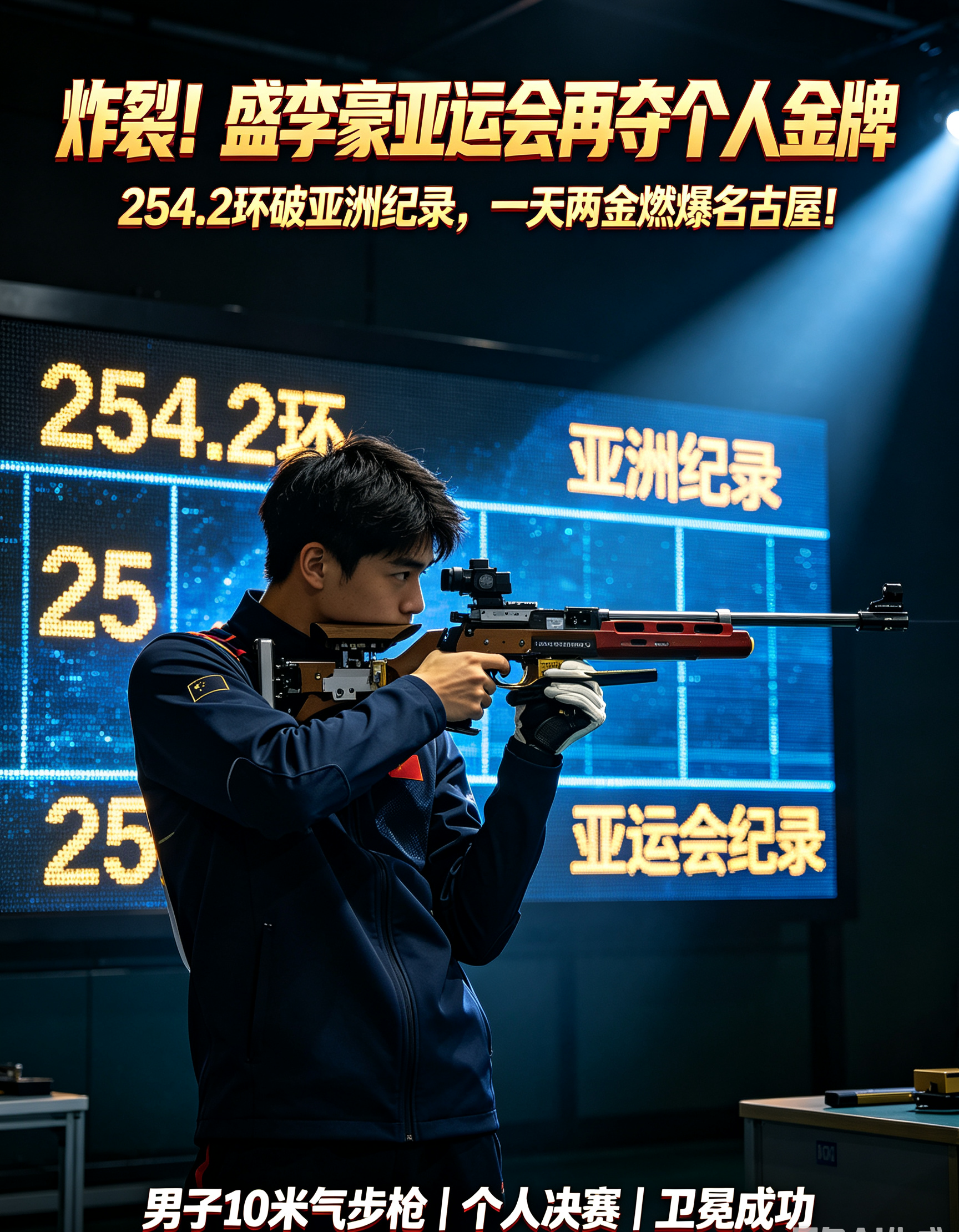炸裂！盛李豪亚运会再夺个人金牌，254.2环破亚洲纪录，一天两金燃爆名古屋！

“干饭哥”又杀疯了！

9月21日，名古屋亚运会射击男子10米气步枪个人决赛，中国选手盛李豪以254.2环的惊人成绩成功卫冕，同时刷新亚洲纪录和亚运会纪录，距离世界纪录仅差0.8环！

更炸裂的是——这已经是他当天拿下的