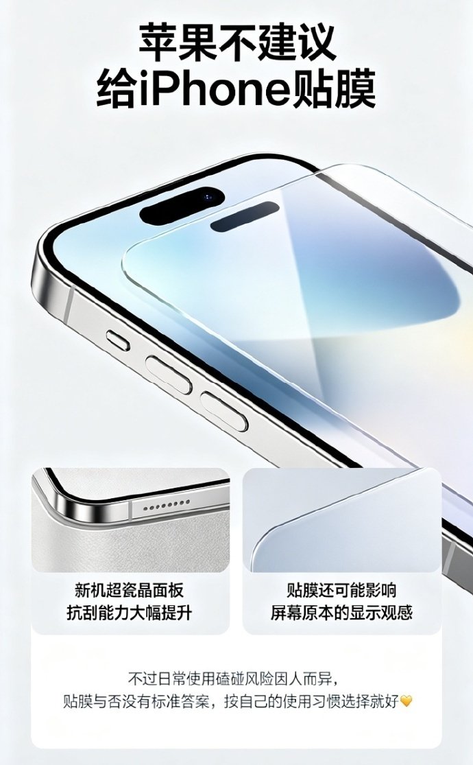 #苹果不建议给iPhone贴膜#
这个话题一出来
评论区分成了两派

其实两边都有道理：
官方角度，超瓷晶面板性能足够
裸机的通透感和手感是设计的一部分
用户角度，膜能换屏不能换
图个安心也正常

按自己的需求选
用着舒服就好 ​