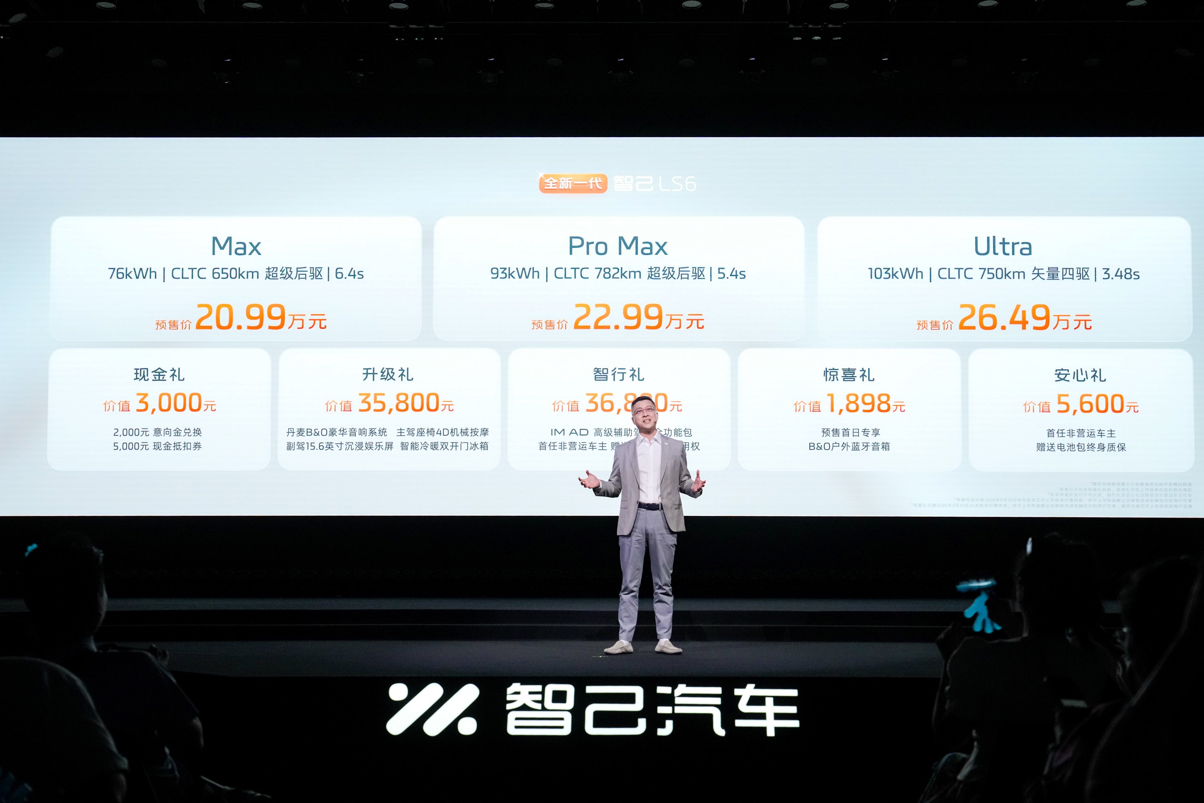 【预售20.99万起，新款智己LS6正式开启预售】9月10日，新款智己LS6正式开启预售，共推出3款配置，预售价区间为20.99万-26.49万元。外观上，新车延续现款核心设计，封闭式前格栅搭配T字形猎鹰智慧灯组，视觉辨识度较高。同时，大尺寸梯形进气口以及加入镀铬饰条点缀的前唇，适当增加了该车的运动