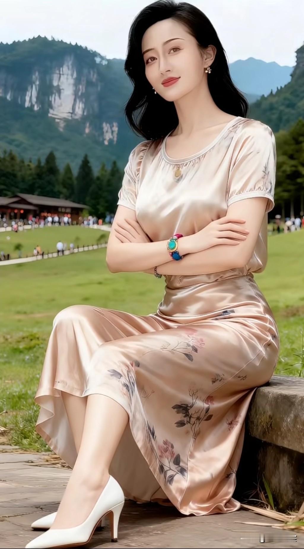 在山间小路上，优雅地坐着，享受自然的宁静与美好。