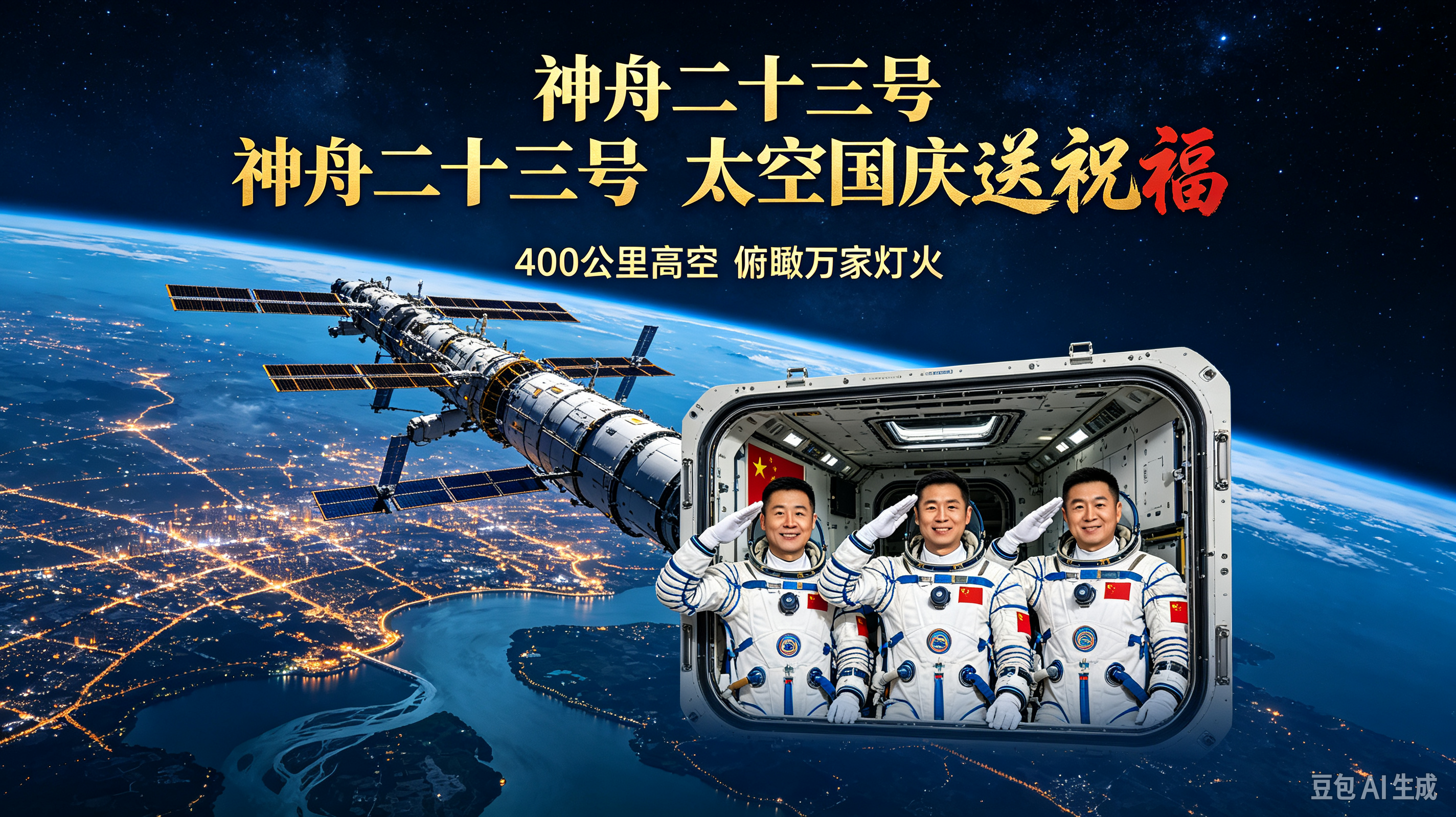 天宫传贺！神舟二十三号乘组，400公里太空送上国庆祝福
 
当万家灯火点亮神州大地，在距离地面400公里的中国空间站，神舟二十三号乘组遥寄深情祝福，为祖国庆生！
 
朱杨柱、张志远、黎家盈三名航天员，在轨已经满四个月。国庆佳节，他们身在天宫，俯瞰华夏山河，向着全国人民送上真挚的国庆问候。
 
太空征