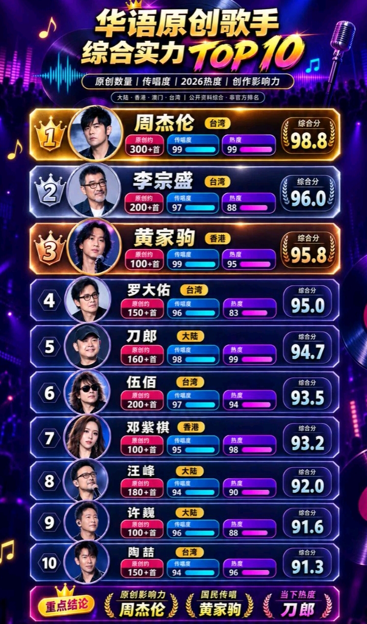盘点华语原创歌手实力榜单！周杰伦断层拿下第一，李宗盛、黄家驹紧随其后。刀郎、伍佰、邓紫棋也榜上有名，每一位都留下无数经典歌曲。