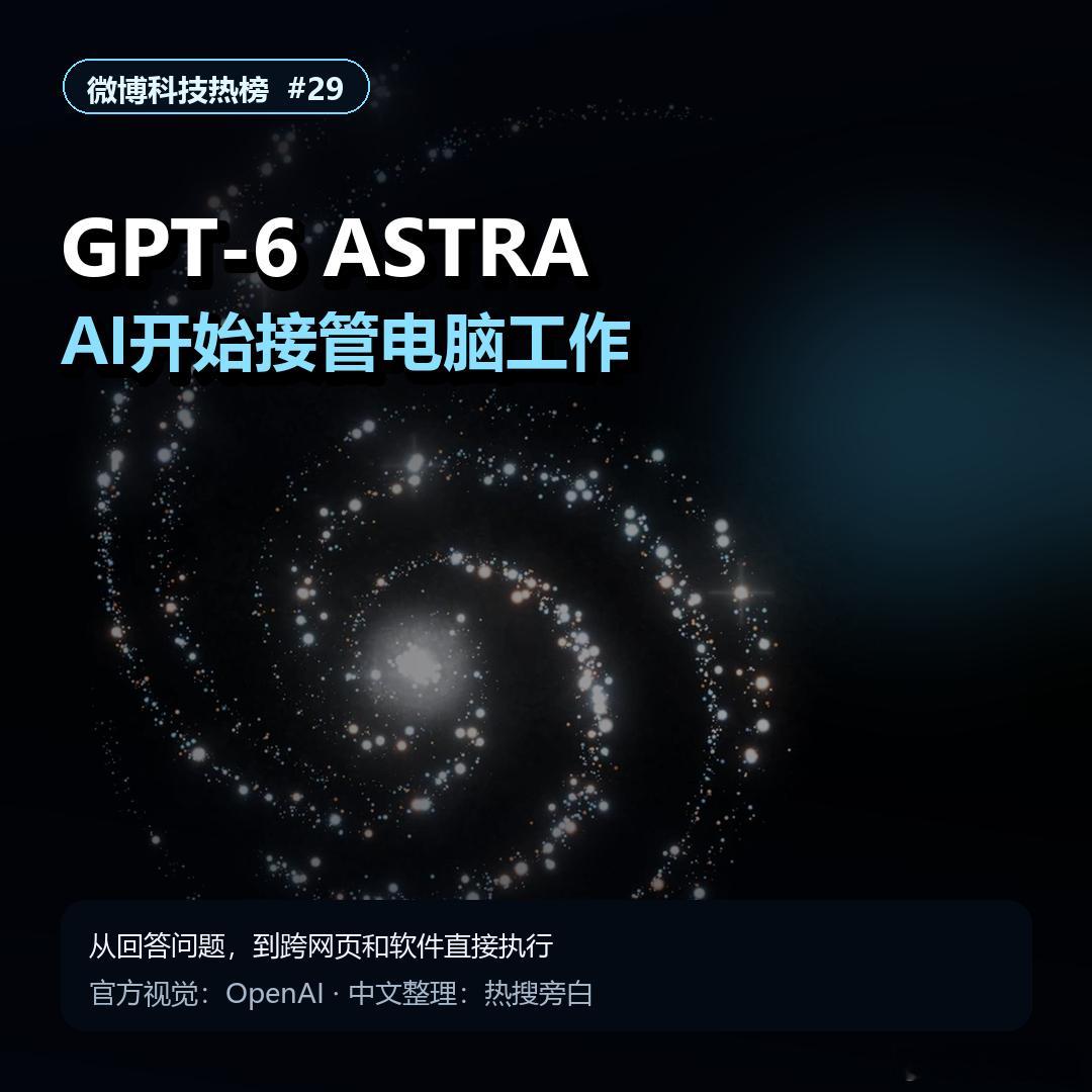 #GPT6全面上线#

OpenAI这次不是把AI做得更会聊天，而是开始把“鼠标和键盘”交给它。

GPT-6 Astra可以在网页和软件里连续完成任务：填在线表单、更新CRM、整理日历，查完资料直接写进邮件和文档；在开发场景里，它还能建网站、跑前端测试、安装软件、自己排查问题。

真正的爆点是，AI正在从“告诉你 ​
