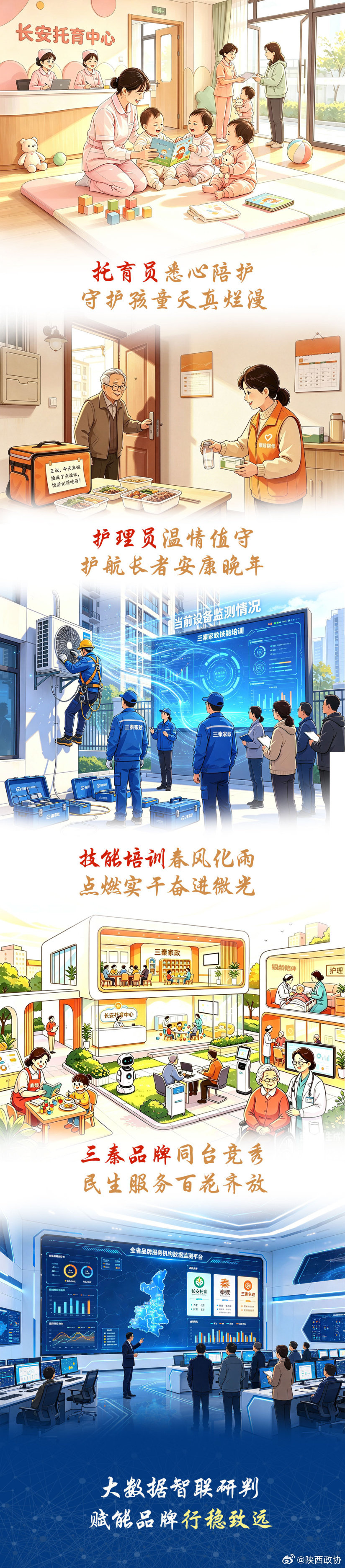 【聚焦专题协商会｜AI漫画：三秦品牌·浸润万家】社区里，托育点传来孩童的笑声；康养室，护理员为老人量血压、聊家常；职场上，年轻人因后方无忧而步履坚定。这些日常片段，拼凑出三秦品牌服务的真实模样，品牌服务不再是空洞的概念，而是照进生活的光。 ​