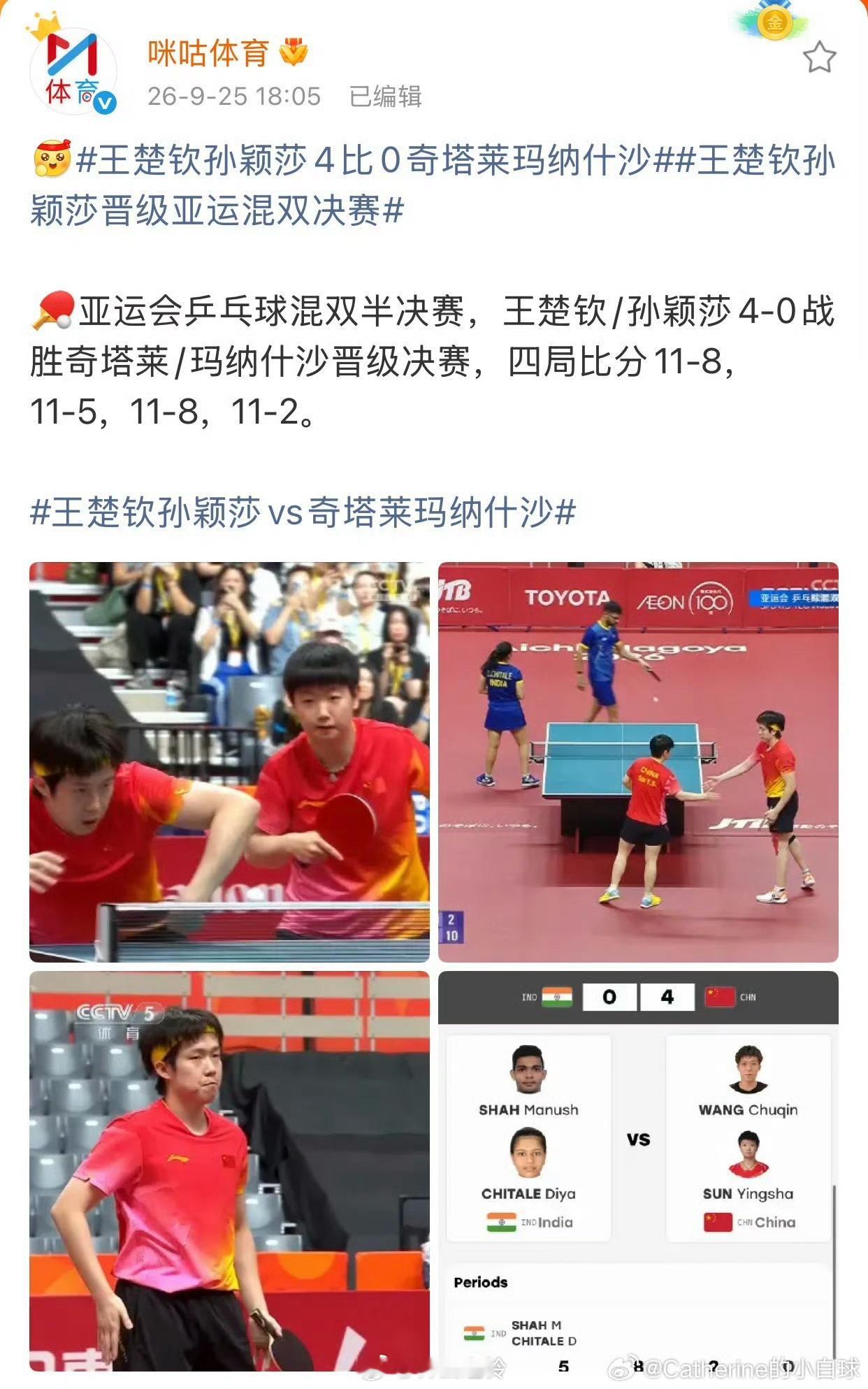#孙颖莎继续晋级#
孙颖莎在名古屋亚运会乒乓球女单1/8决赛中，以4:0的比分轻松击败泰国选手奥拉万·帕拉南，强势晋级八强。下午还将面对韩国选手朱芊曦的1/4决赛。比赛结果：速胜晋级。技术层面：前国手侯英超赛后感叹，孙颖莎正手威力十足，球商宛如“上帝视角”，关键分处理果断，综合统治力再次刷新 ​