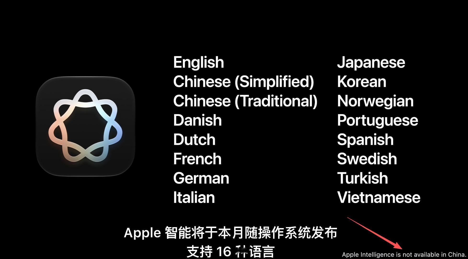 #苹果发布会##苹果发布会有何亮点# 哦豁，Siri AI又没有中国，看右下角Apple Intelligence is not available in China.#iPhone18上手评测# ​​​