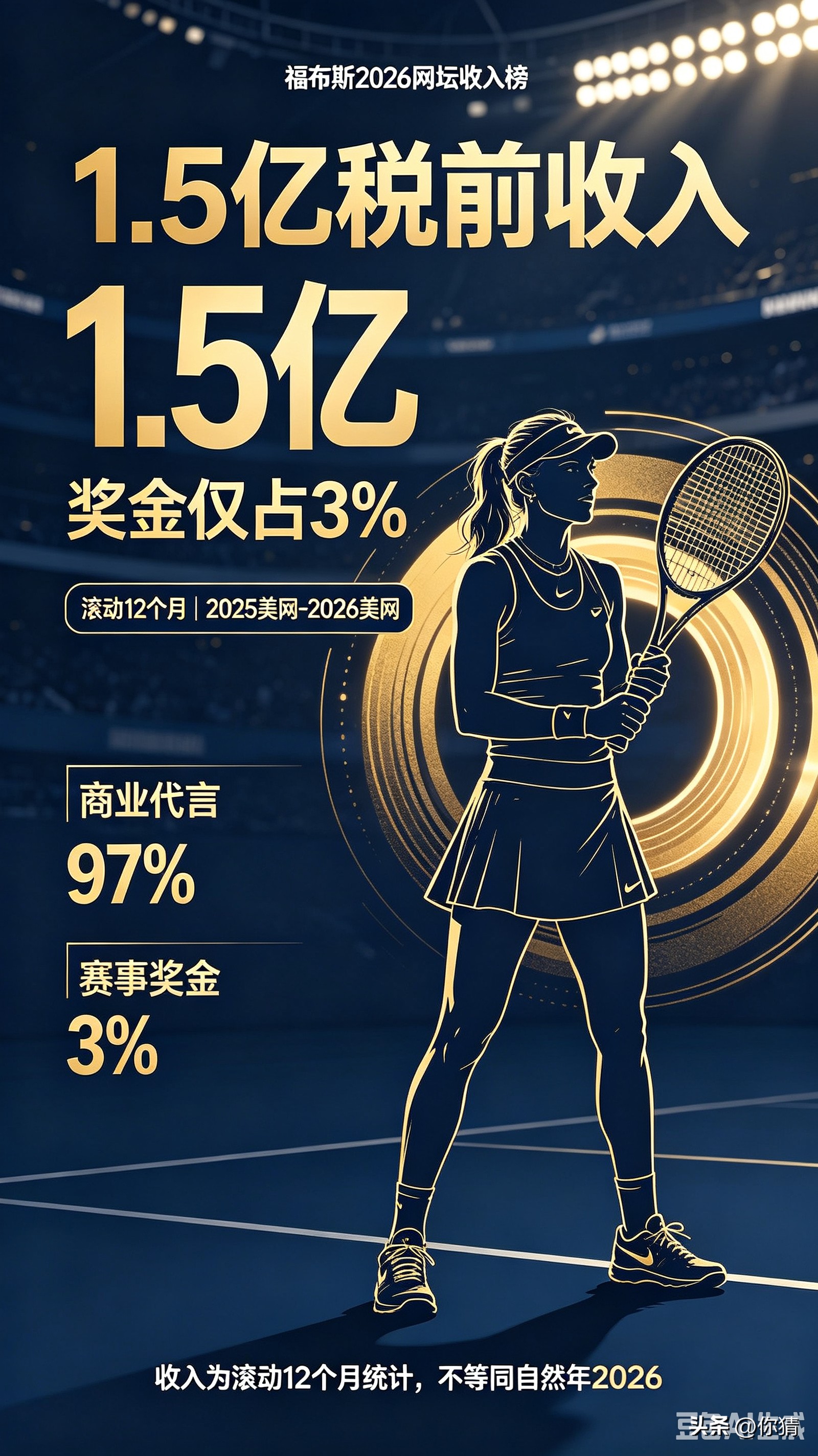 福布斯网坛收入榜！郑钦文1.5亿税前收入，奖金只占3%
       福布斯发布2026网坛收入榜单，统计周期是2025美网到2026美网，滚动12个月，不是2026自然全年。
       郑钦文这周期税前总收入2260万美元，折合约1.5亿人民币。其中赛事奖金仅60万美元，占比不足3%。