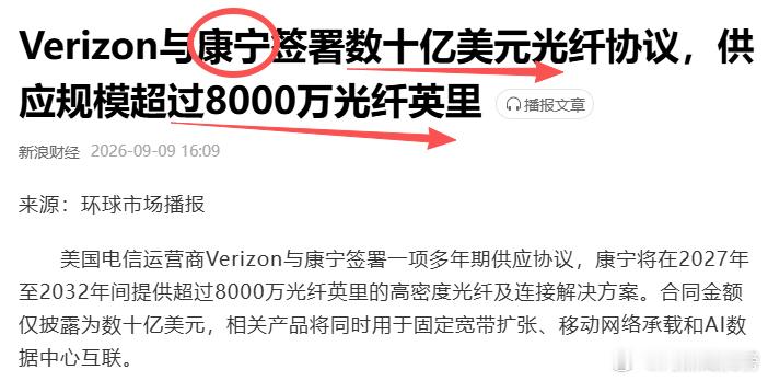 大利好！康宁再签数十亿美元大单，A股最受益的10家公司

全球光纤巨头康宁，又签大单了。
9月8日，康宁宣布与美国电信运营商Verizon签署一项持续至2032年的多年期光纤供应协议，合同总额达数十亿美元，将供应超8000万英里高密度光纤，同时支撑Verizon的宽带覆盖目标和AI超算数据中心的全美骨干网络建设 ​